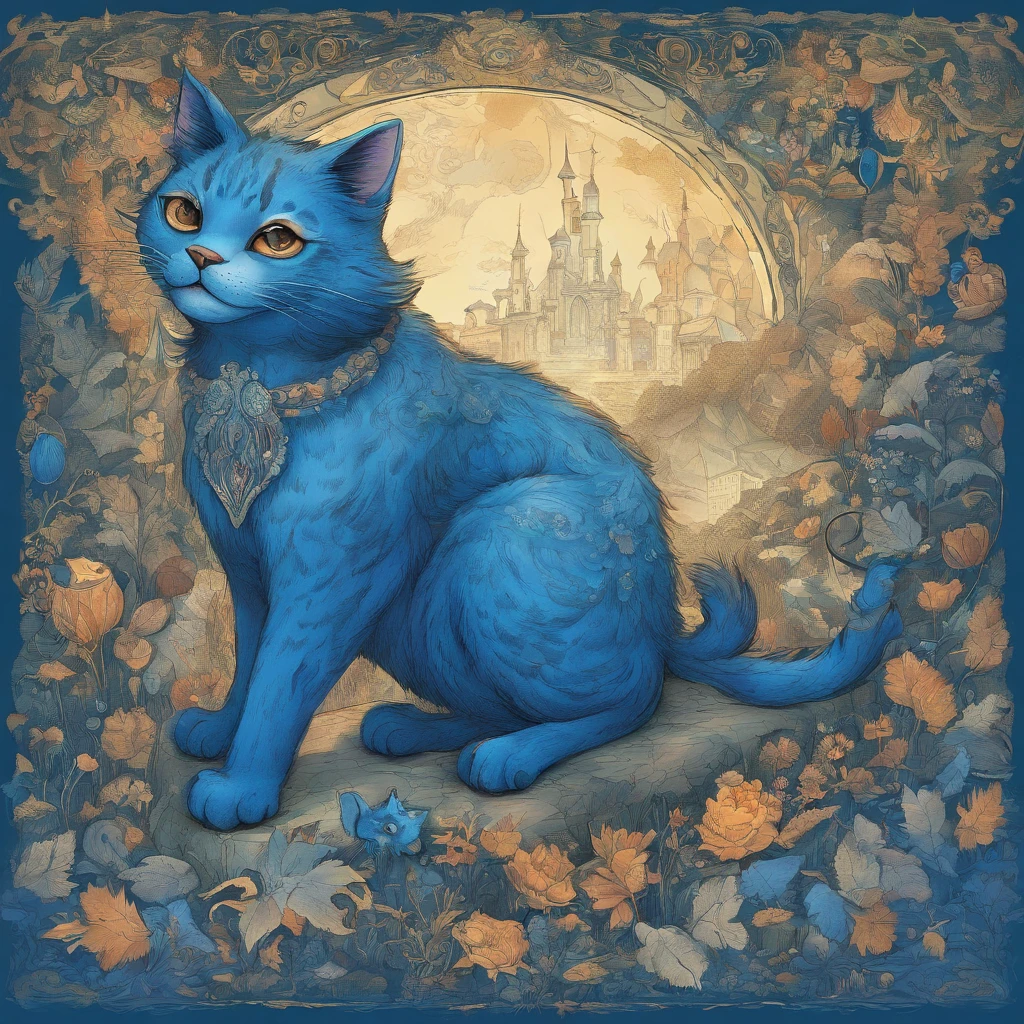 view full body Odd-eye Big blue cat smiling with a wide split mouth Fantastic atmosphere Picture book illustrations Overall, the color is strong blue