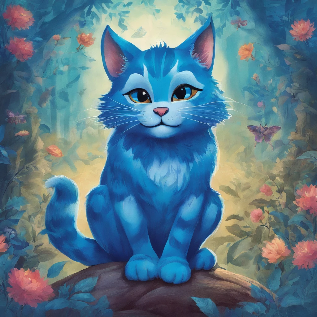 view full body Odd-eye Big blue cat smiling with a wide split mouth Fantastic atmosphere Picture book illustrations Overall, the color is strong blue