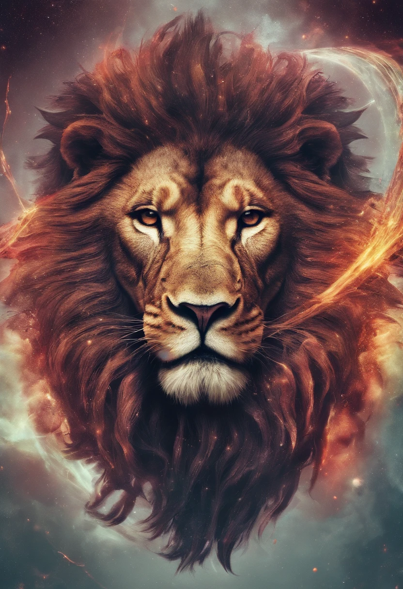 a photograph Galaxies, espirais, outer space, Nebulosas, estrelas, smoke billowing,espatacular imagem, detalhe intrincado, in the form of a lion, octane rendering, 8k hiper realista, Textura realista, Unreal Natural Lighting Engine, cinestill 800, (mola a 35mm | | |) The lion with a large crown of thorns , uma cruz ao fundo da imagem