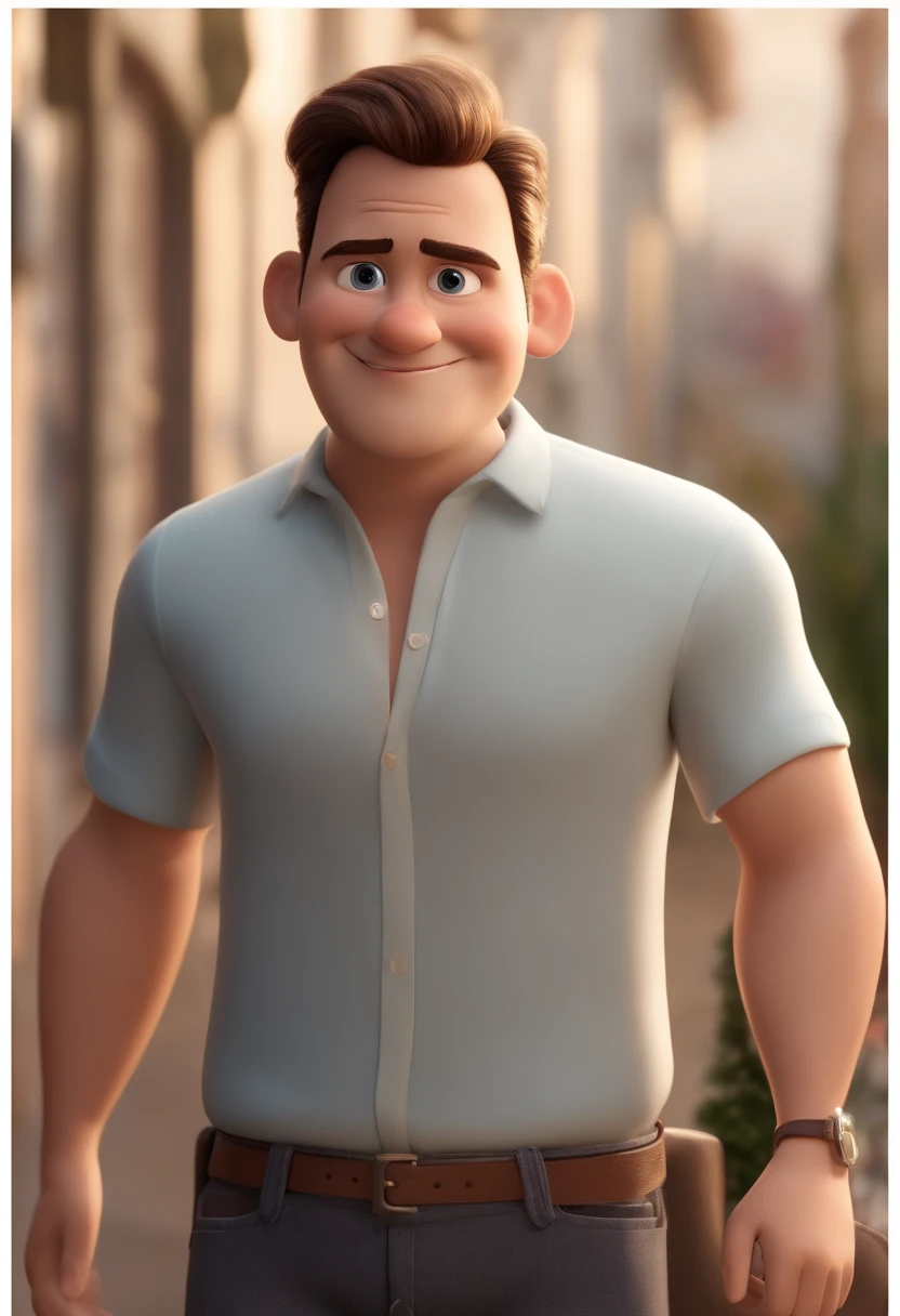a happy cute, homem de 28 anos cabelo curto vestindo um terno social, , fundo branco, barnet, Tom, Estilo Pixar, ....3d, desenhos animados, rosto detalhado (baseado na imagem) asymmetrical 16k homem de 28 anos, cabelo escuro, olhos castanhos claros, em uma avenida movimentada, com roupas sociais, terno, estilo pixar, realista