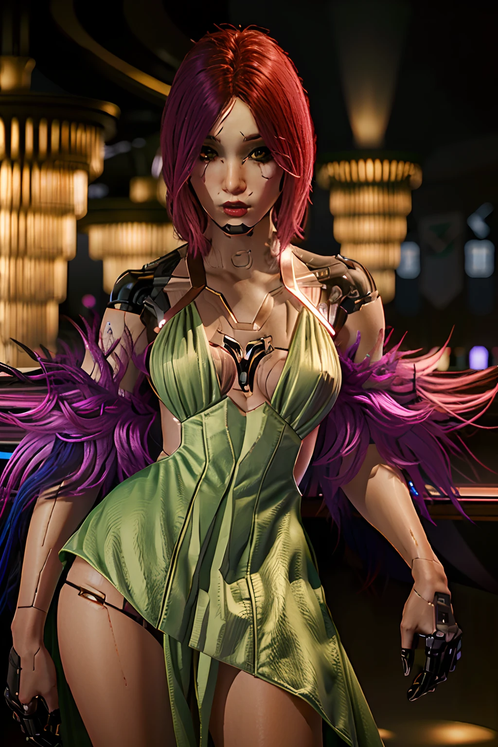 (masterpiece, best quality, highres:1.3), CyberSongbird, solo, green dress, asymmetrical hair, 1girl, mechanical parts, cybernetic limb, fur, red lips, cyberpunk, ultra sarp