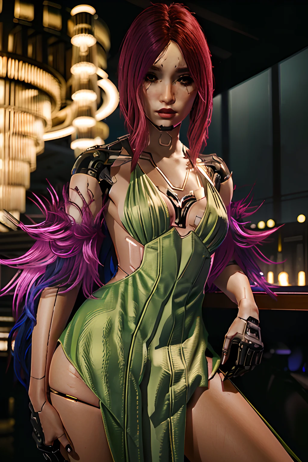 (masterpiece, best quality, highres:1.3), CyberSongbird, solo, green dress, asymmetrical hair, 1girl, mechanical parts, cybernetic limb, fur, red lips, cyberpunk, ultra sarp