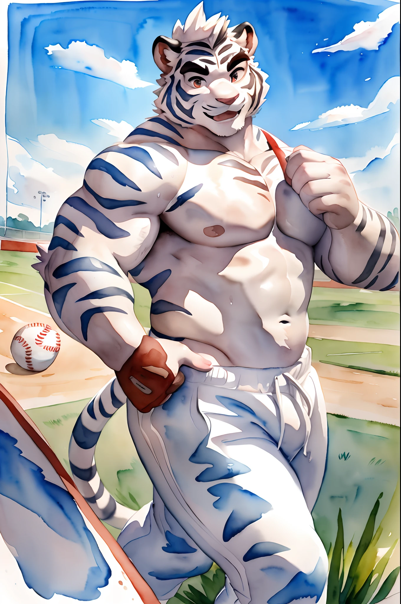 Hominidae, Pose for Camera. 4K, high resolution, Best quality, posted on e621, (Two anthropomorphic white tigers:1.2), Anthropomorphic white tiger, male people, 20yr old, Thick eyebrows, Light blue stripes, shaggy, Strong body, large pecs, ((Shirtless)), They play baseball together, Pink milk clusters, sweat leggs, White leggings sweatpants, on a grassy field, (sport, Muscular, Heavyweight:1.2), Correct anatomy, (White background, Watercolor background:1.1), (by Chunie, author：Taran Fidler:0.8), (Detailed eyes:1.2), Sexy, (cel-shaded:1.2), cartoon shading, (aquarelle:1.2), having fun, Be red in the face, (view the viewer:1.2), Look ahead