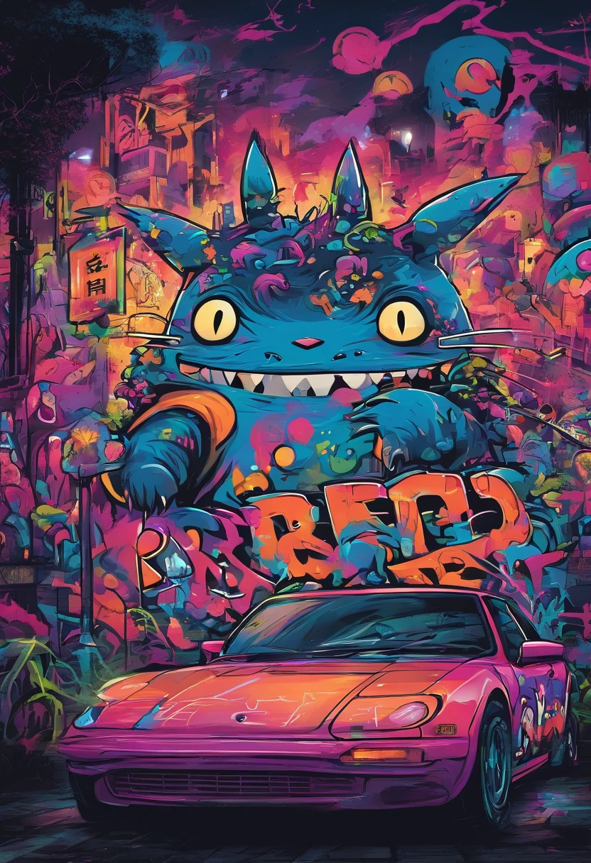 prompt: graffiti, Monstres, Full image, High Resolution High Contrast Totoro Neon Japanese Forest Decor Gengar