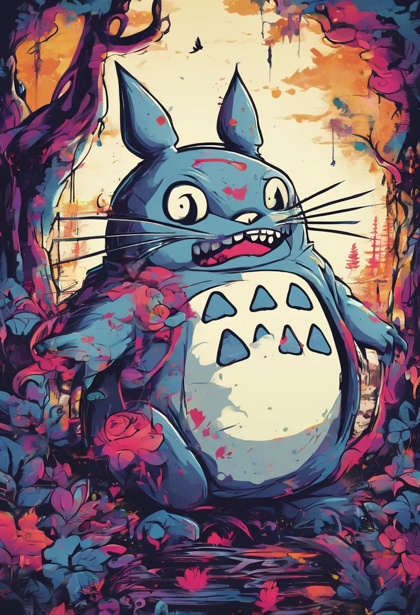 prompt: graffiti, Monstres, Full image, High Resolution High Contrast Totoro Neon Japanese Forest Decor Gengar