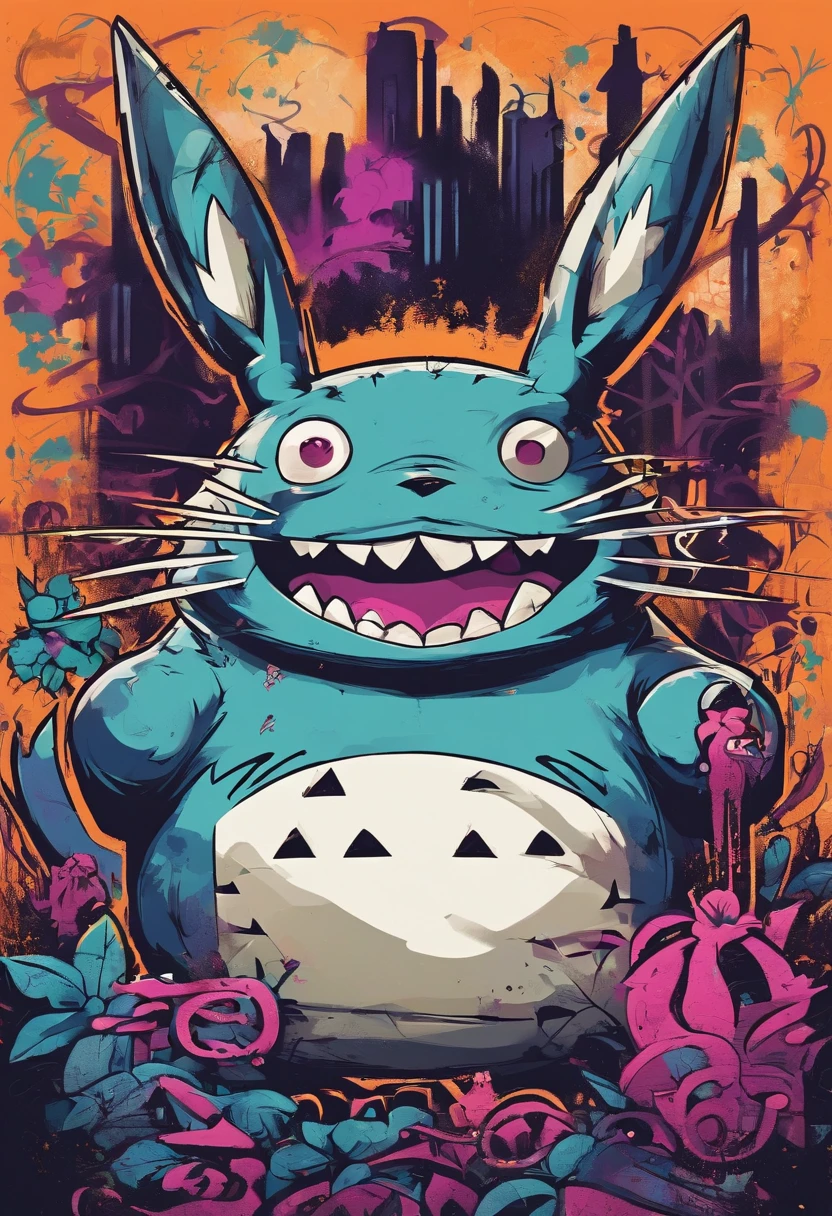 prompt: graffiti, Monstres, Full image, High Resolution High Contrast Totoro Neon Japanese Forest Decor Gengar
