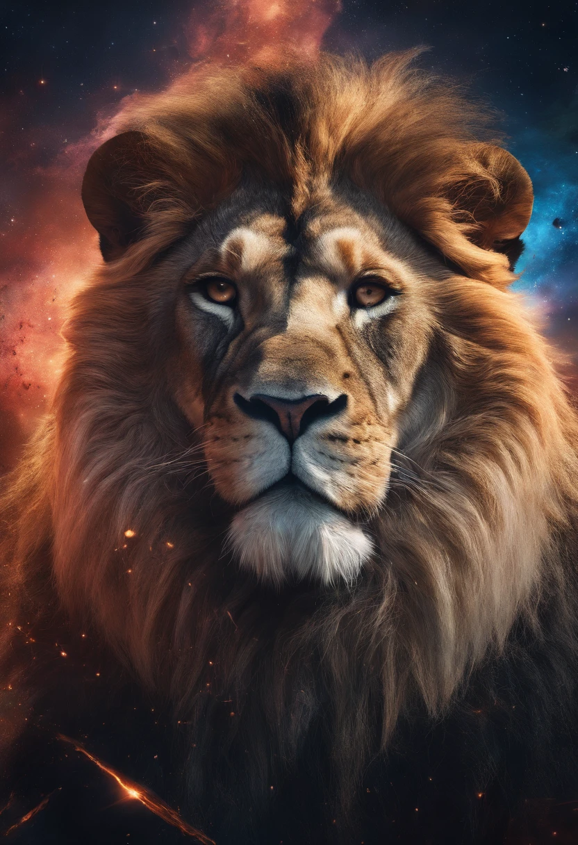 a photograph Galaxies, espirais, outer space, Nebulosas, estrelas, smoke billowing,espatacular imagem, detalhe intrincado, in the form of a lion, octane rendering, 8k hiper realista, Textura realista, Unreal Natural Lighting Engine, cinestill 800, (mola a 35mm | | | |) The lion with a large crown of thorns , uma cruz ao fundo da imagem