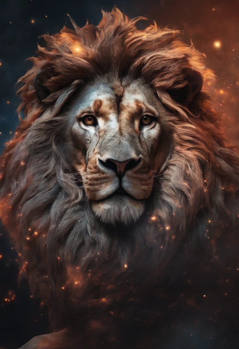 a photograph Galaxies, espirais, outer space, Nebulosas, estrelas, smoke billowing,espatacular imagem, detalhe intrincado, in the form of a lion, octane rendering, 8k hiper realista, Textura realista, Unreal Natural Lighting Engine, cinestill 800, (mola a 35mm | | | |) The lion with a large crown of thorns , uma cruz ao fundo da imagem