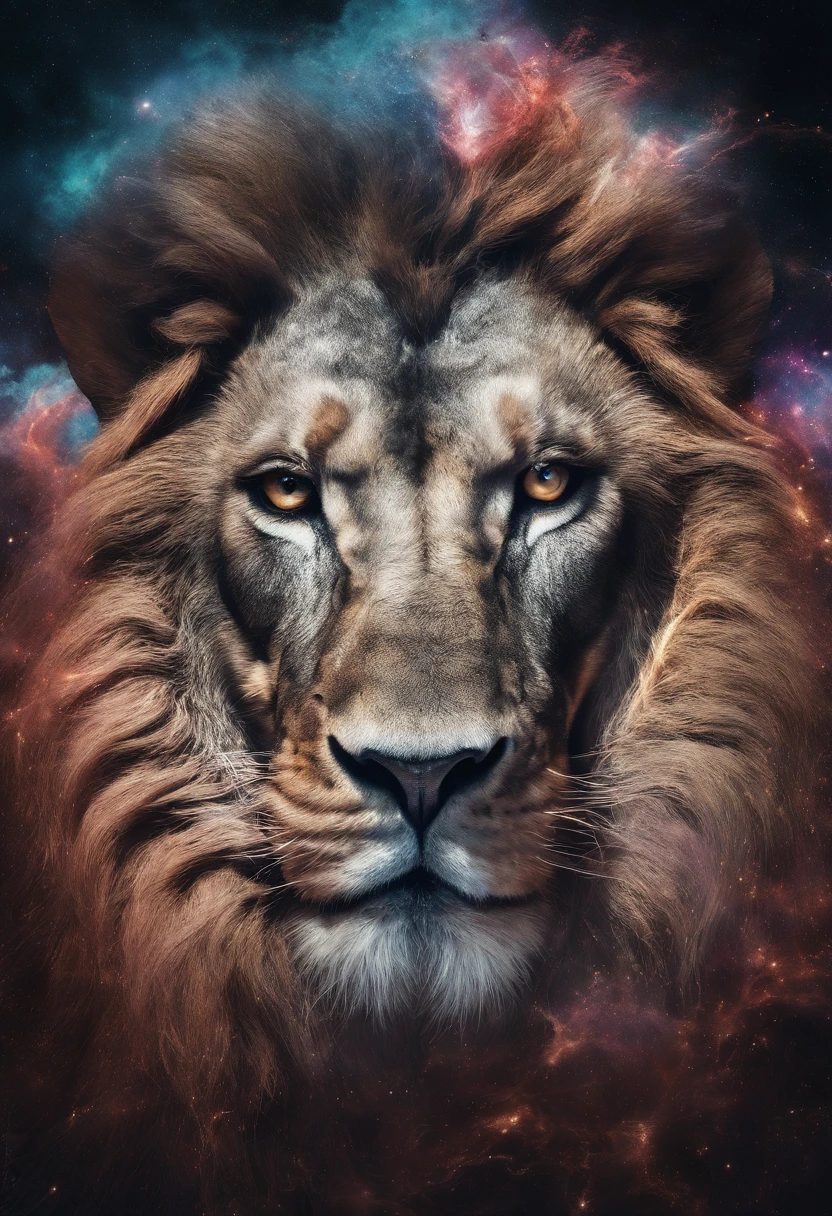 a photograph Galaxies, espirais, outer space, Nebulosas, estrelas, smoke billowing,espatacular imagem, detalhe intrincado, in the form of a lion, octane rendering, 8k hiper realista, Textura realista, Unreal Natural Lighting Engine, cinestill 800, (mola a 35mm | | | |) The lion with a large crown of thorns , uma cruz ao fundo da imagem