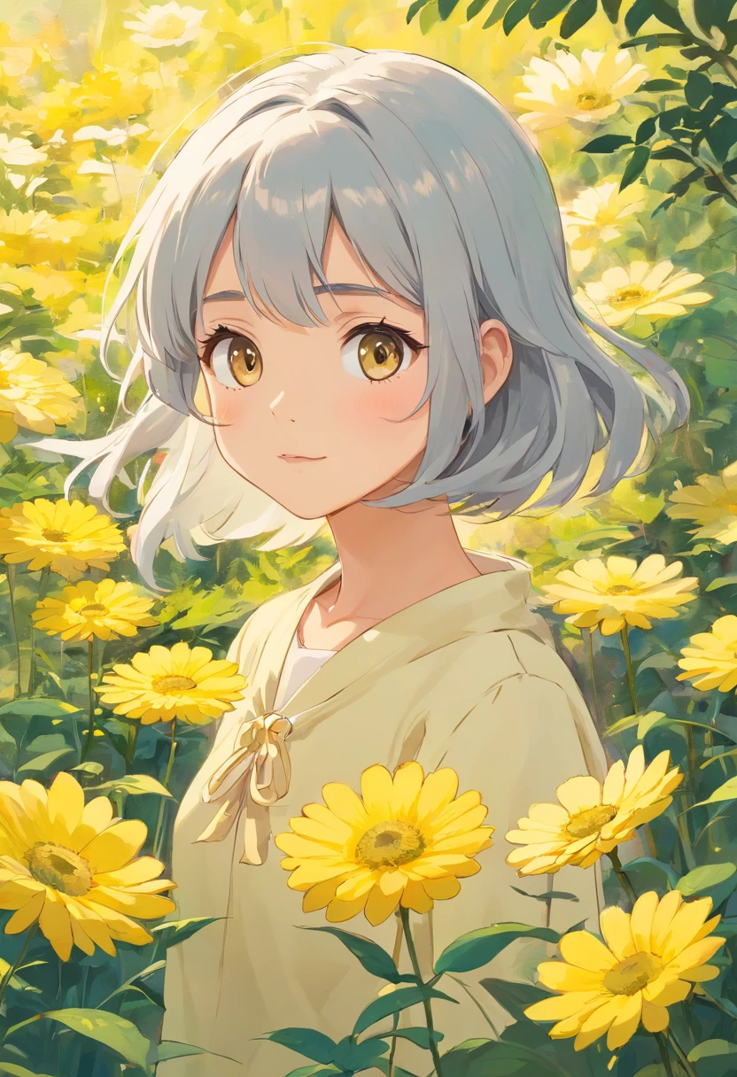 Blooming flowers flutter in the wind,Girl in flowers,Light yellow and silver design,Pay attention to the texture of the skin and flowers,Sony FE 12-24mm F/2.8 gm,Impressionist garden,Proficient in calligraphy,eco-friendly craftsmanship,Brush stroke exploration