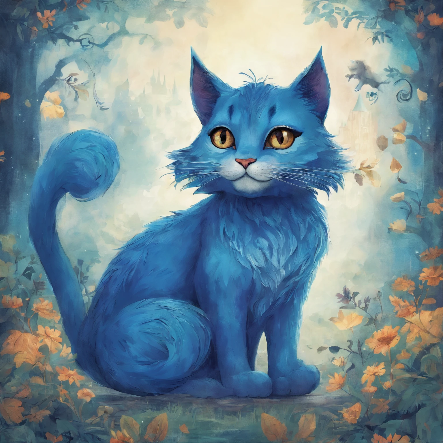 view full body Odd-eye Big blue cat smiling with a wide split mouth Fantastic atmosphere Picture book illustrations Overall, the color is strong blue