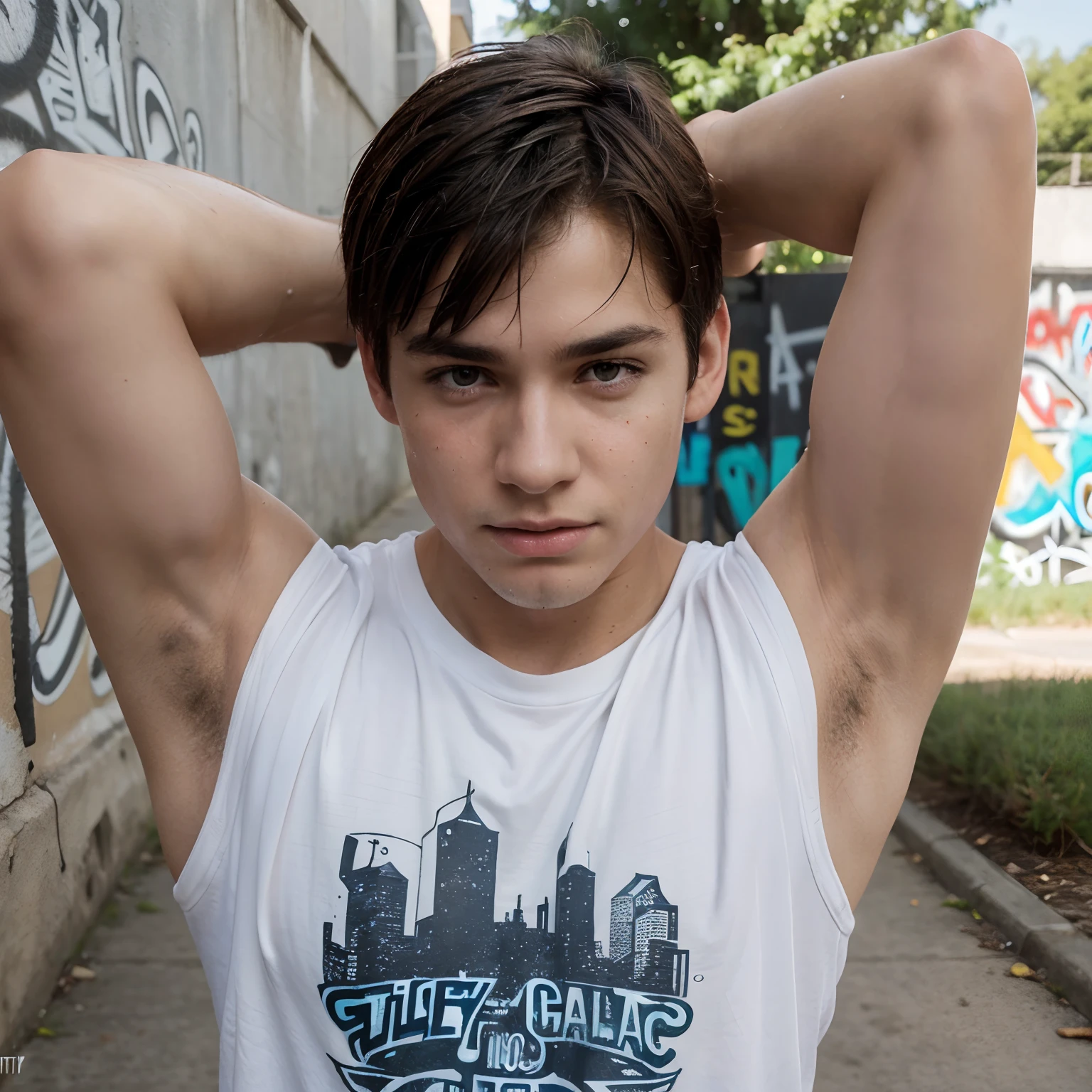 (best quality, ultra-detailed, realistic:1.37), sweaty armpit, teenage boy, male armpit hair, detailed facial features, intense expression, vibrant lighting, outdoor scenery, t-shirt, summer, casual style, short hair, messy look, natural pose, urban background, street art, graffiti, dynamic composition, strong contrast, energetic colors, youthful appearance. Very detailed private parts exposed, dick being suck d