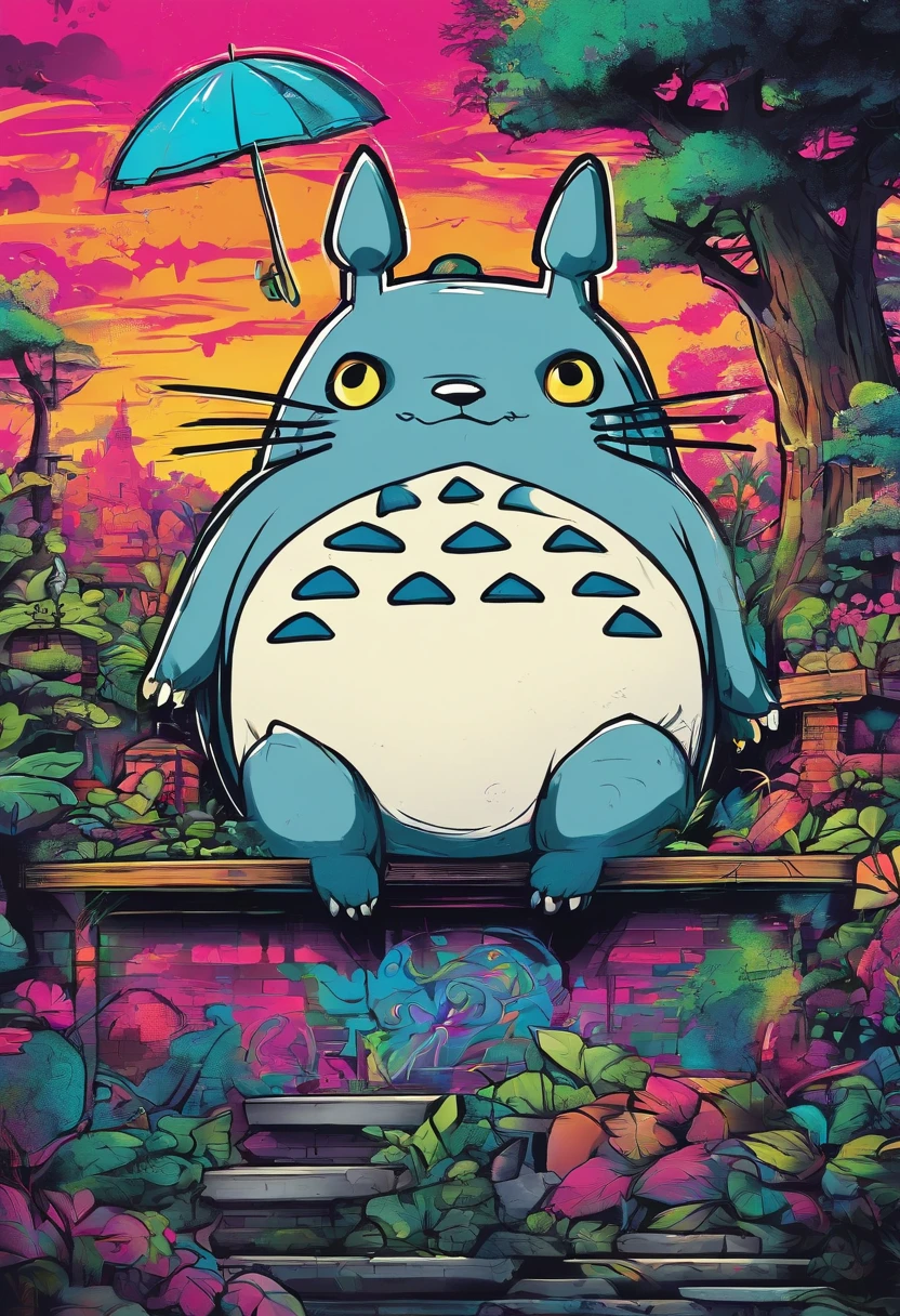 prompt: graffiti, Monstres, Full image, High Resolution High Contrast Totoro Neon Japanese Forest Decor
