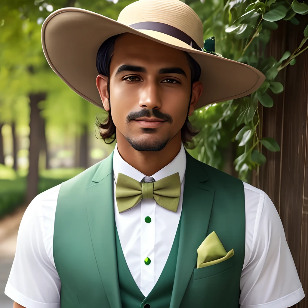 man with tan and green boater hat a green vest and bow tie that has a lip and nose rings