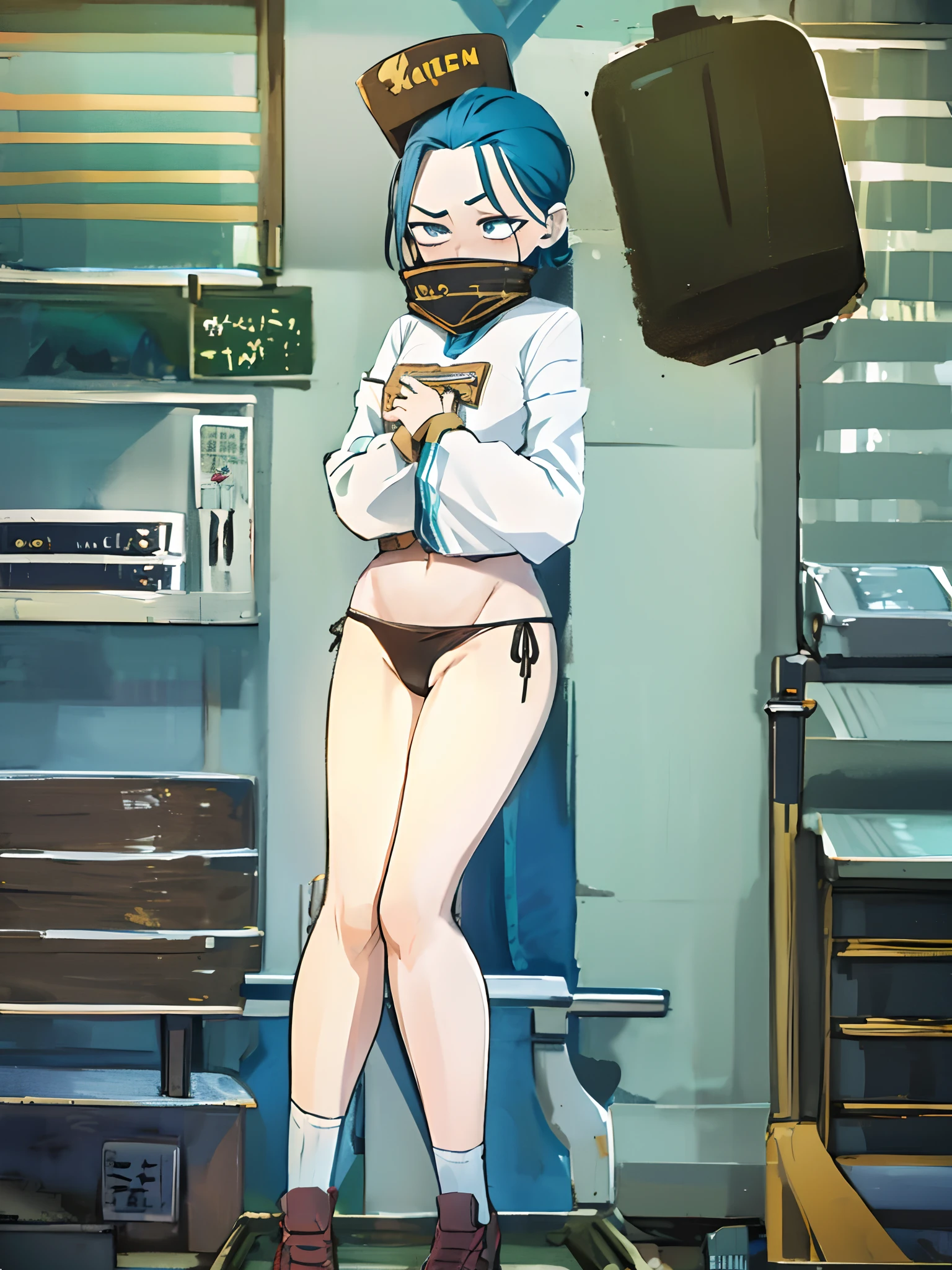 (explicit content warning) [(master part: 1.1, best quality: 1.1), Shy student in uniform showing off, emphasis, Panties, up to, ligeiramente 0.8 cabelos azuis, Wet,
