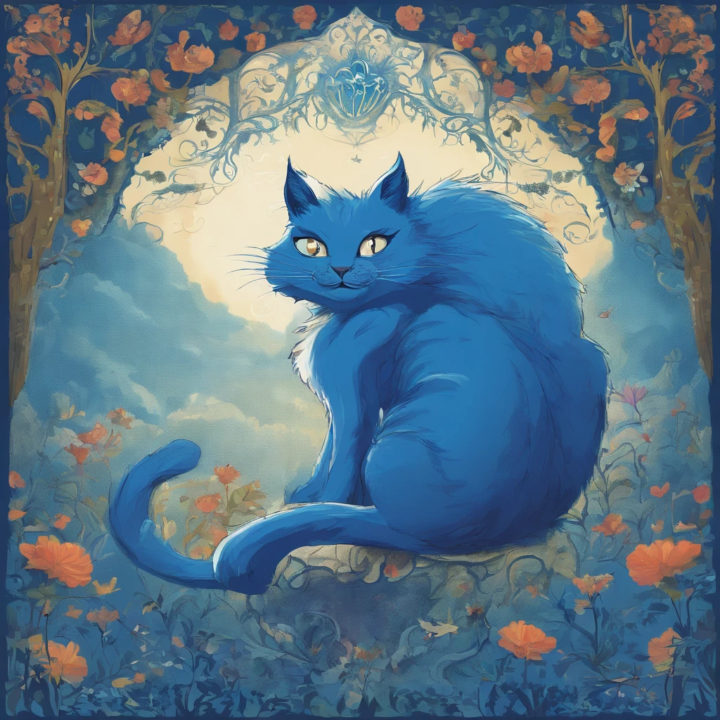 view full body Odd-eye　Big blue cat smiling with a wide split mouth　Fantastic atmosphere　Picture book illustrations　Overall, the color is classical ,strong blue