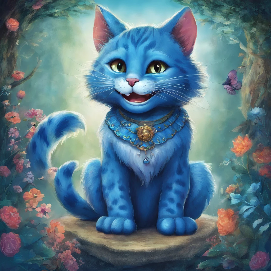 view full body Odd-eye　Big blue cat smiling with a wide split mouth　Fantastic atmosphere　Picture book illustrations　Overall, the color is classical ,strong blue