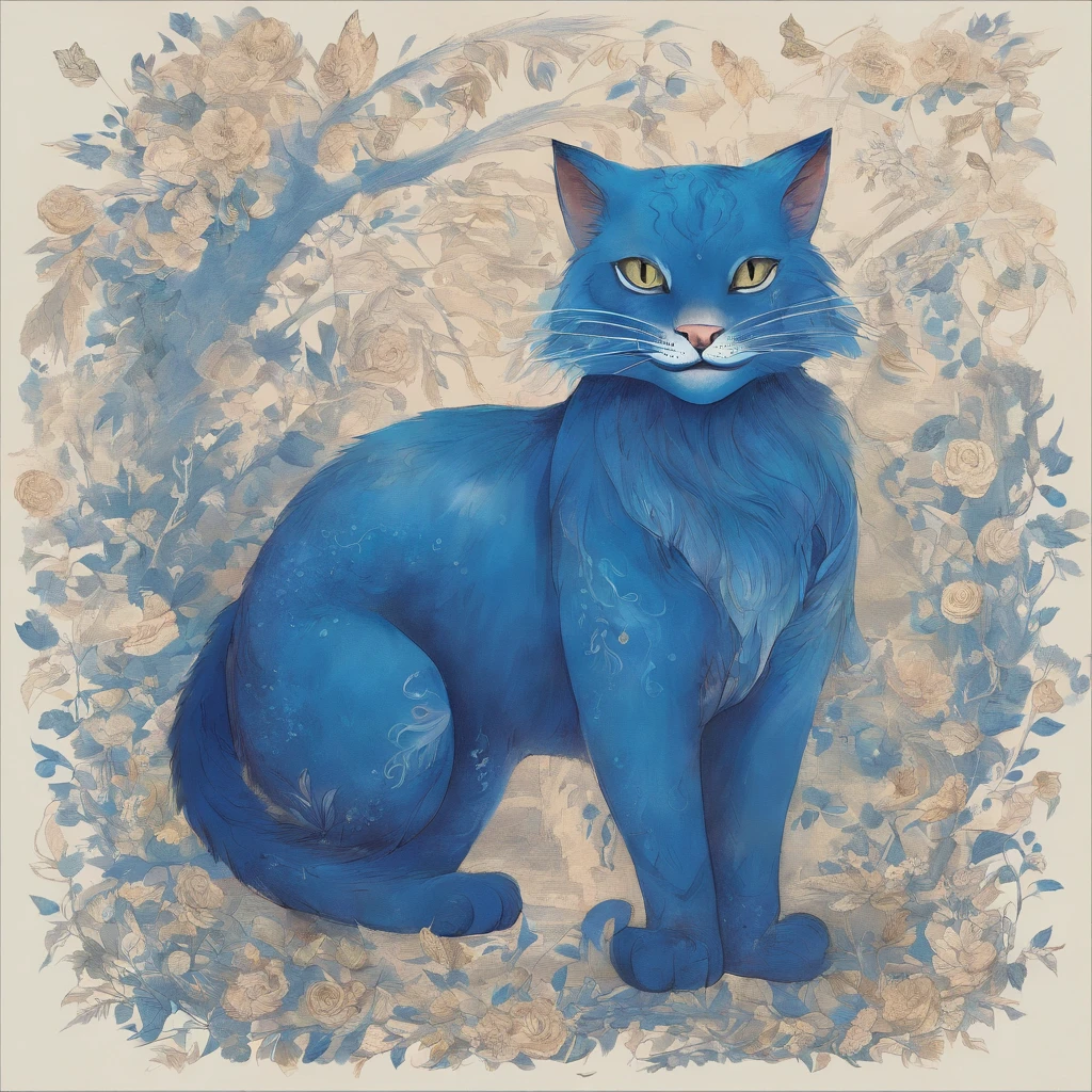 view full body Odd-eye Big blue cat smiling with a wide split mouth Fantastic atmosphere Picture book illustrations Overall, the color is classical ,strong blue