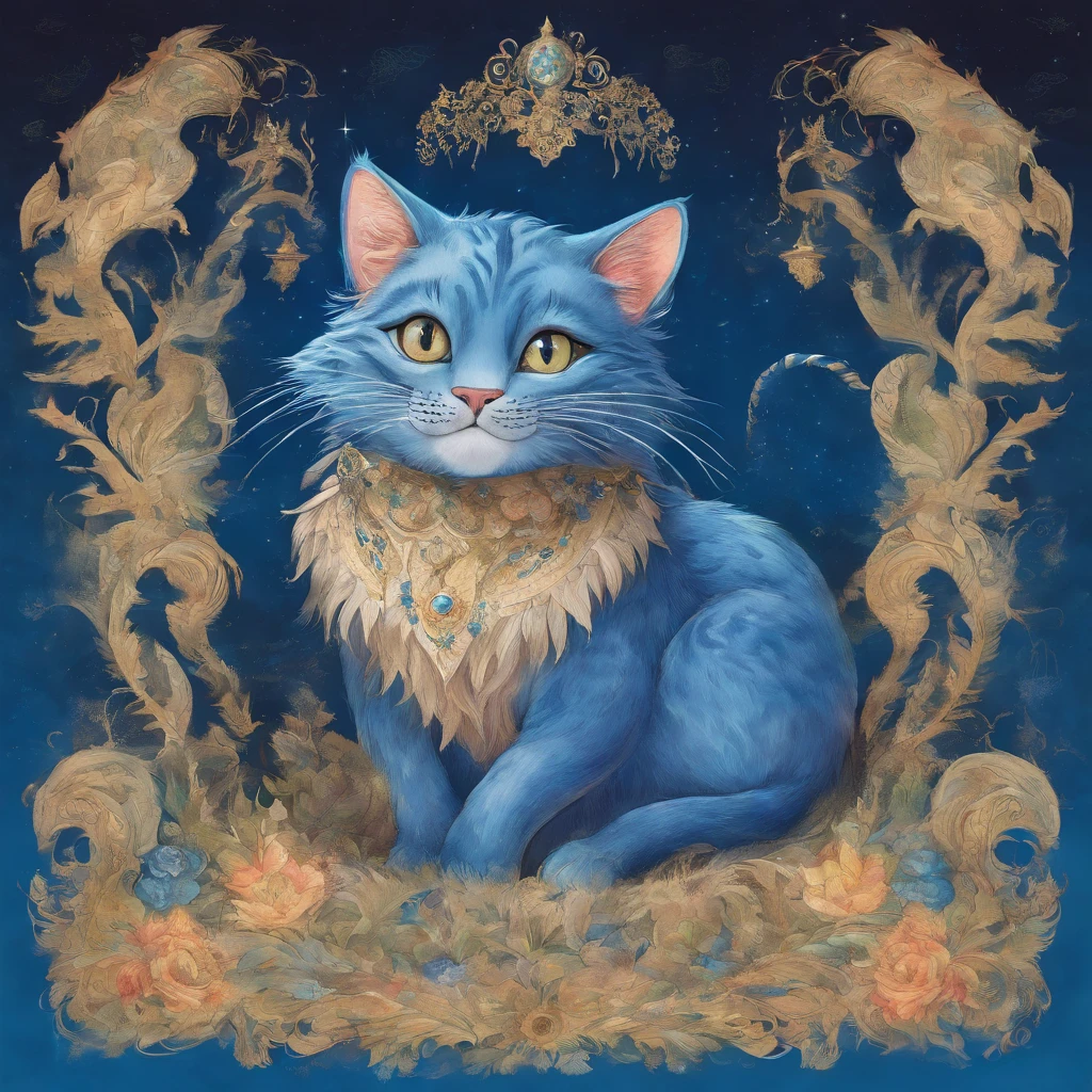 view full body Odd-eye Big blue cat smiling with a wide split mouth Fantastic atmosphere Picture book illustrations Overall, the color is classical ,strong blue