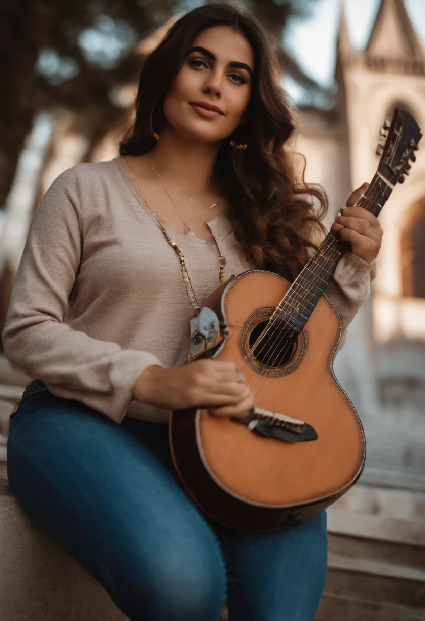 crie um banner no estilo Pixar. A girl with Italian features, branca com cabelos feito coque Castanhoescuro, meio gordinha usando uma camiseta de Nossa senhora, Wearing jeans and holding a classical guitar with 6 strings. Sentada em uma Igreja