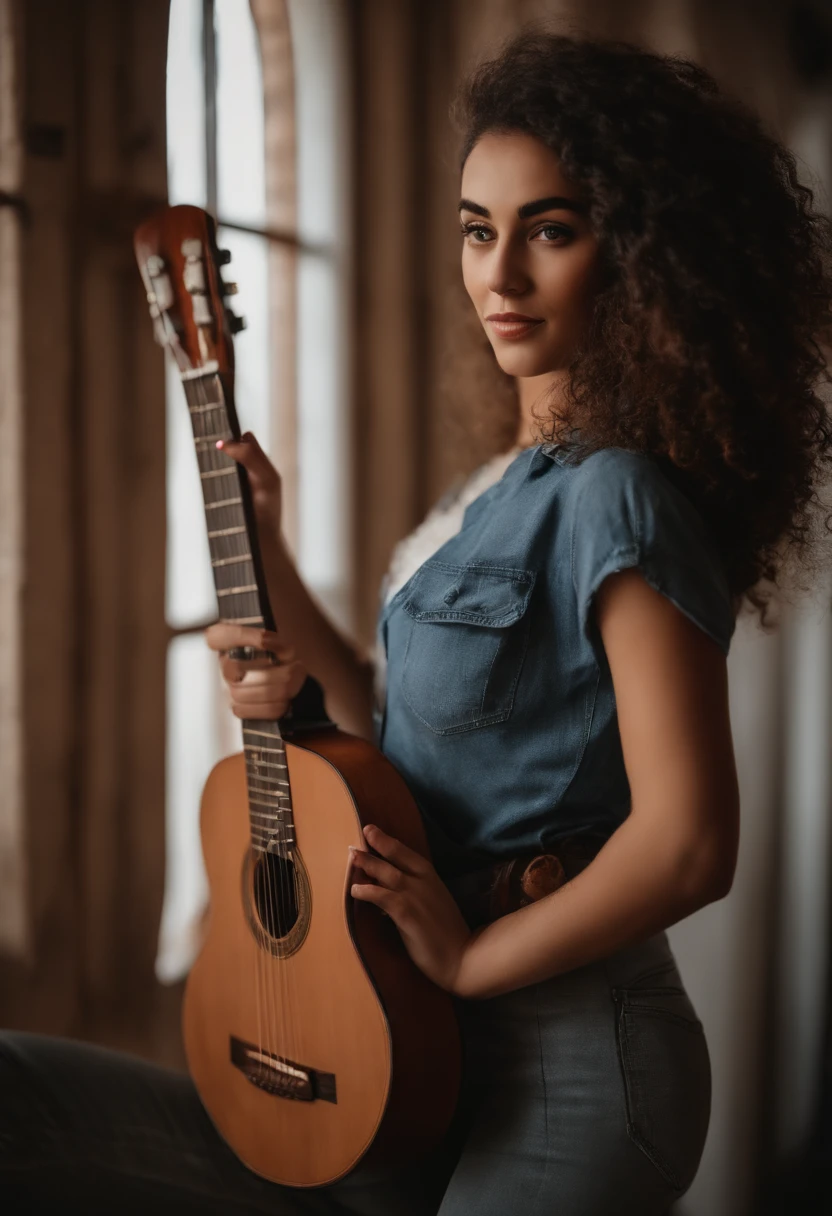 crie um banner no estilo Pixar. A girl with Italian features, branca com cabelos feito coque Castanhoescuro, meio gordinha usando uma camiseta de Nossa senhora, Wearing jeans and holding a classical guitar with 6 strings. Sentada em uma Igreja