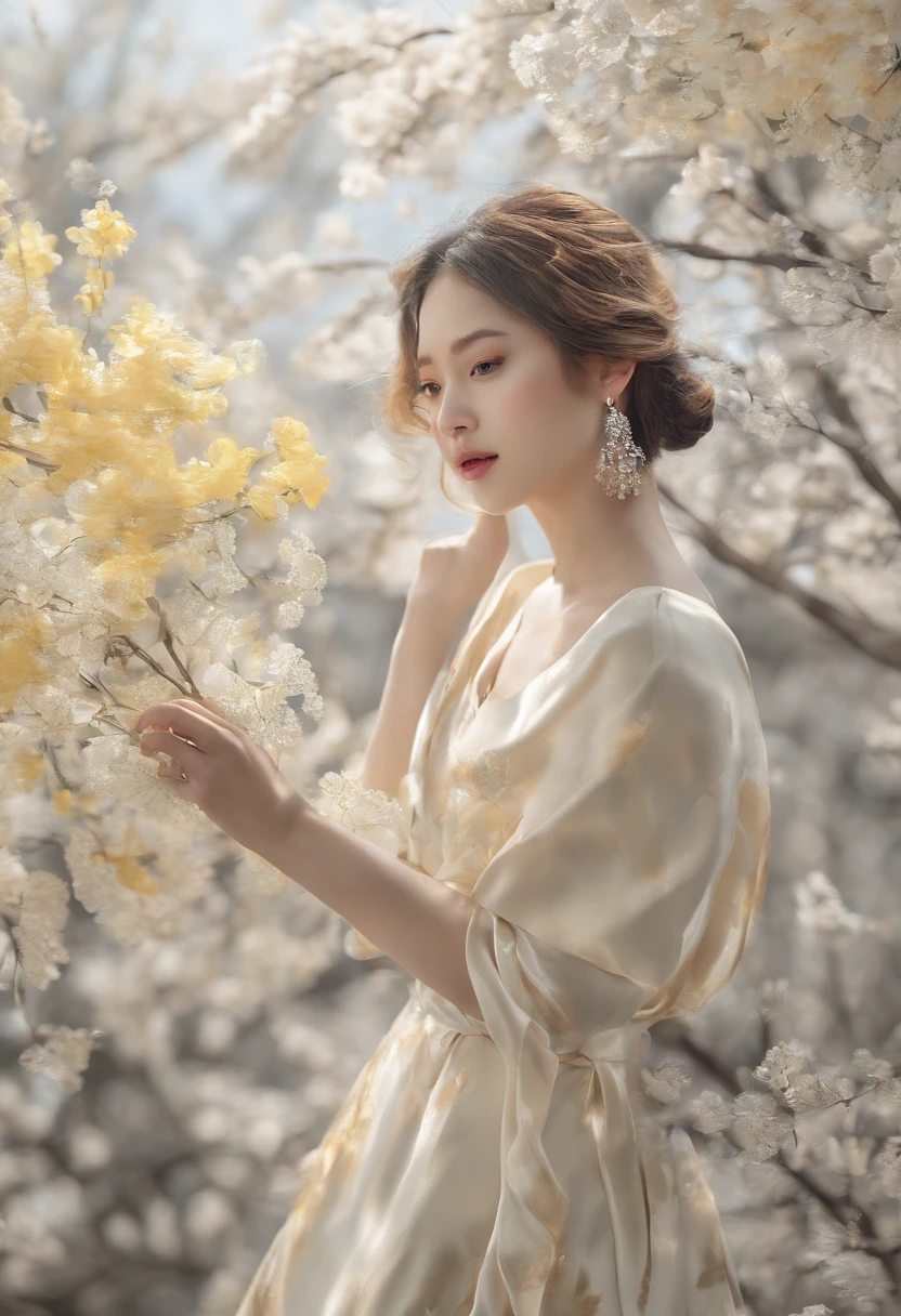 Blooming flowers flutter in the wind,Girl in flowers,Light yellow and silver design,Pay attention to the texture of the skin and flowers,Sony FE 12-24mm F/2.8 gm,Impressionist garden,Proficient in calligraphy,eco-friendly craftsmanship,Brush stroke exploration