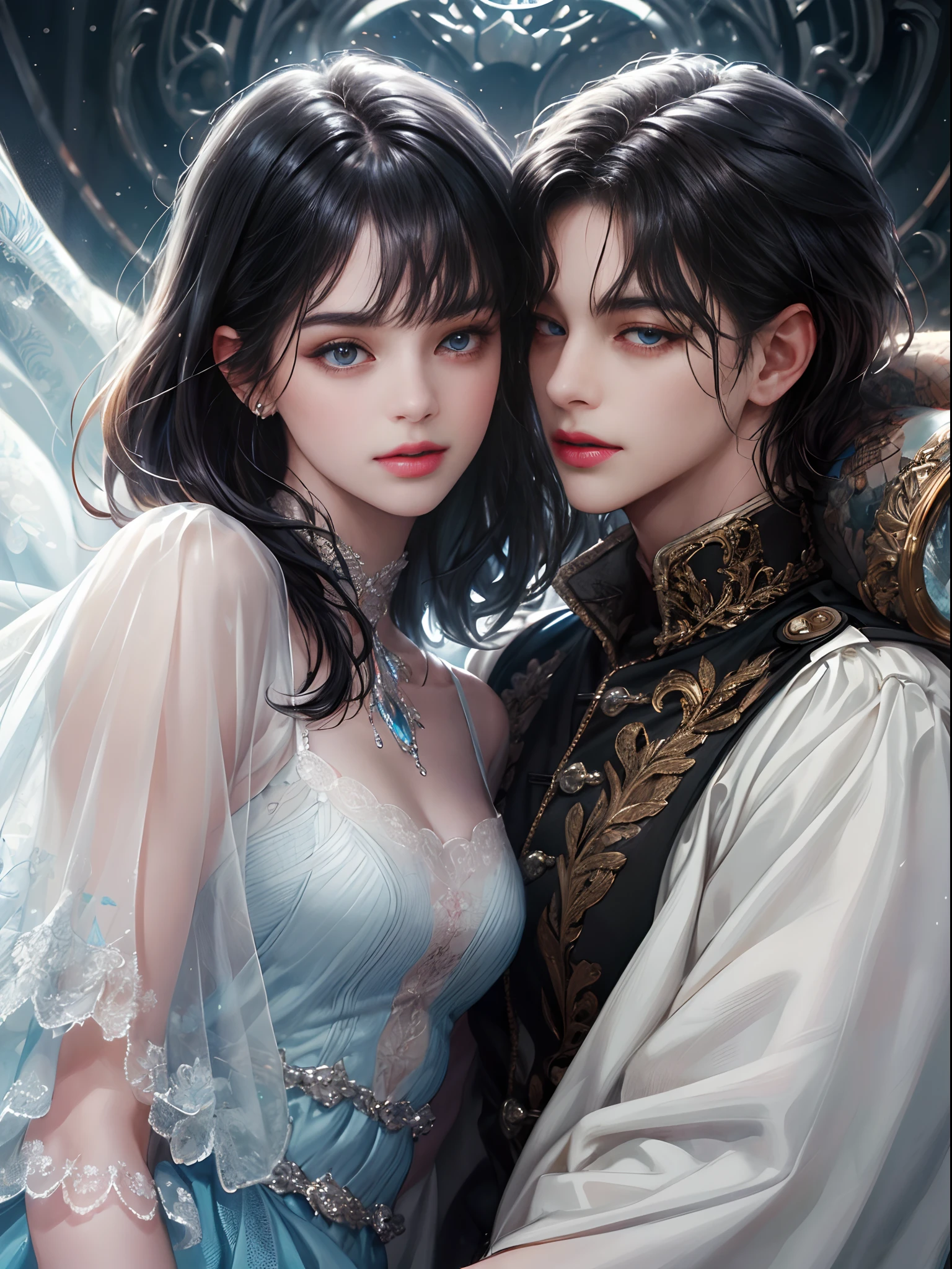 2 young female with dark hair, 1 handsome young male with wavy blond hair, fusion of sacred and secular images, shattered chains and fluid forms, symbols of life, death and continuity, contrasting textures of mechanical and organic elements, photorealistic, ultra-detailed, 8K resolution, cinematic dramatic Composition, atmospheric, ultra-detailed, 8K resolution --ar 16:9 --stylized 1000 --chaos 30 --V 5