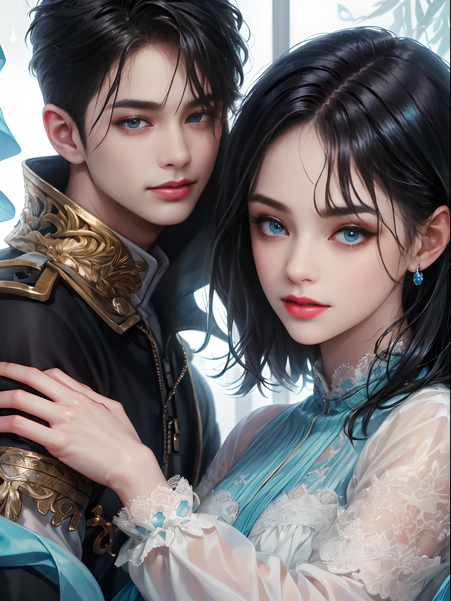 (absurdly , high quality , masterpiece , ultra detailed), ( detailed to hand ) (detailed to eyes) (detailed to face) , couples, 1 man (short black Quiff hair with Soft Fringe, bangs part on side 3:7 ratio) and 1 woman ((selena Gomez:Emma Watson:0.7))  (short black hair with fringe) love ,pretty eyes (blue eyes) , black hair, fantasy, detailed background, soft light
