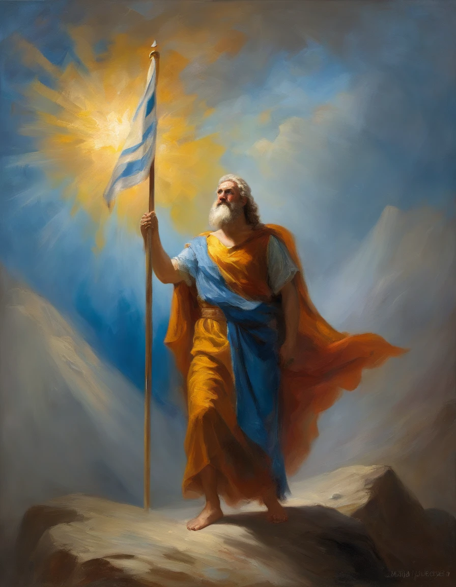 masterpiece、top-quality、Zeus, God of thunder, shining armor, thunder , Zeus holding flag of israel , full body shot, firm eyes, looking forward, lightning in the sky, arms outstretched and holding the flag of israel, looking straight ahead, standing on the top of a mountain, blue robe and cloak,