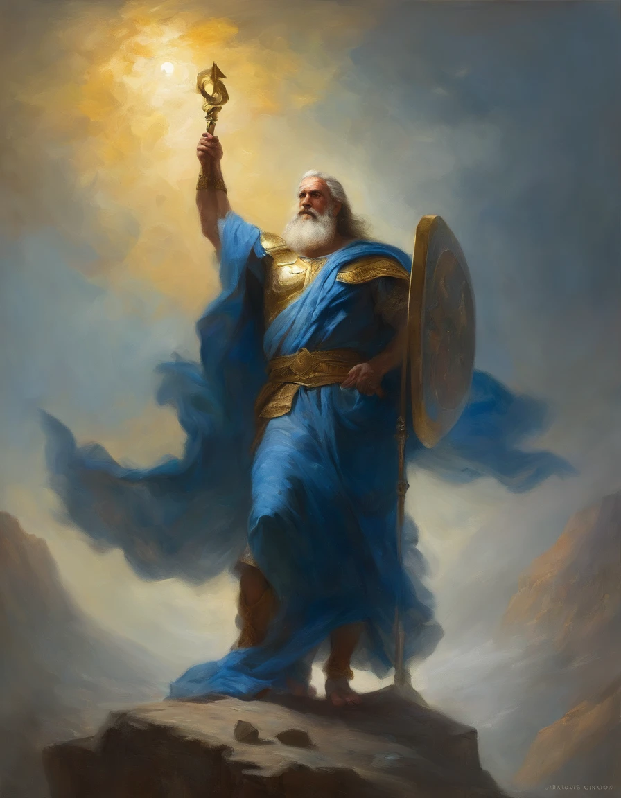 ​masterpiece、top-quality、Zeus, God of thunder, shining armor, thunder , Zeus holding flag of israel , full body shot, firm eyes, looking forward, lightning in the sky, arms outstretched and holding the flag of israel, looking straight ahead, standing on the top of a mountain, blue  robe and cloak,