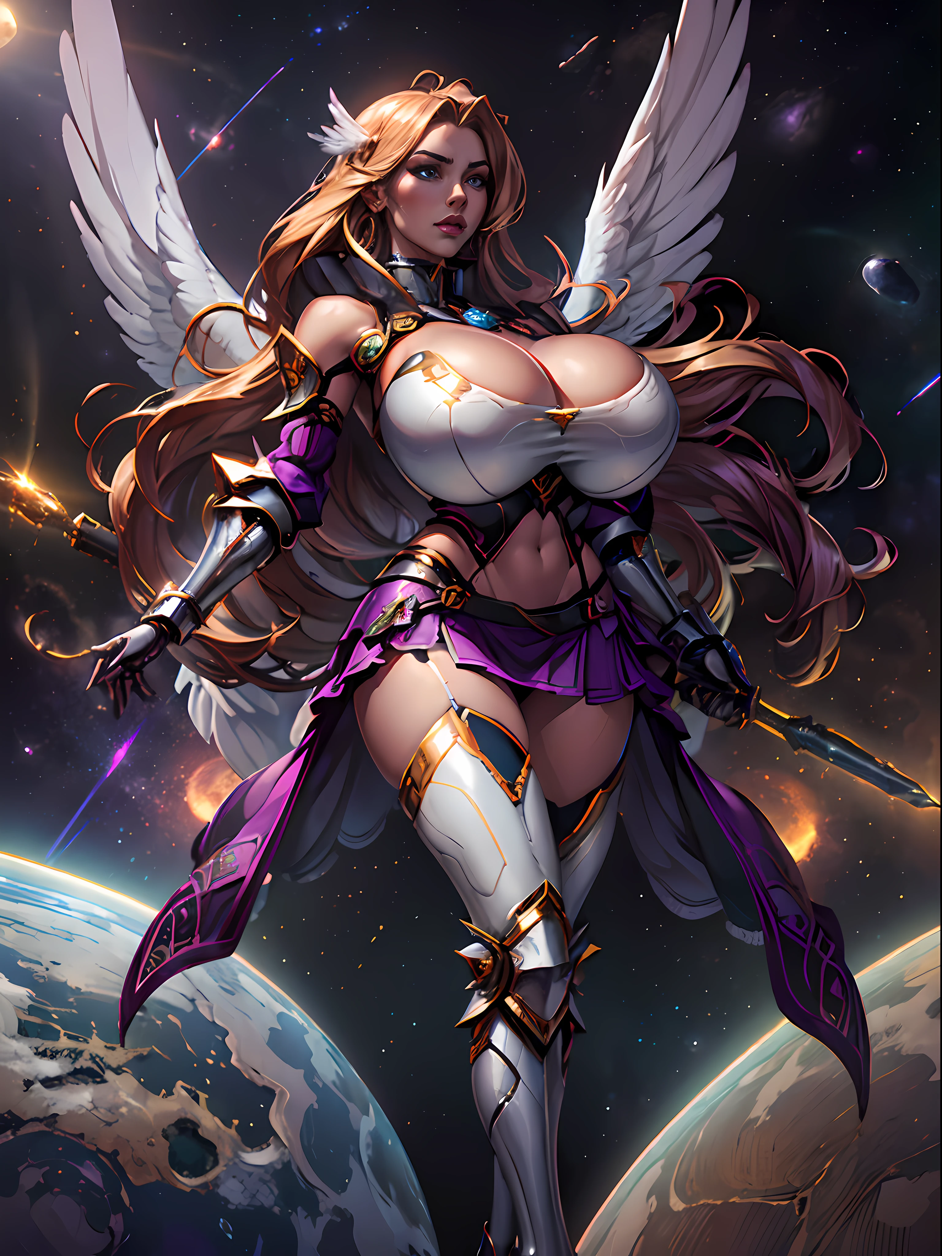 (masterpiece, top quality, best quality, official art, beautiful and aesthetic:1.2), (1girl:1.3), extremely long curly golden hair, extremely detailed, portrait, looking at viewer, solo, (full body:0.6), detailed background, close up, (cool science fiction space theme:1.1), extremely busty valkyrie, charlatan, mysterious, shooting lasers in space, cybernetic angel, huge feathered wings, chrome boob armor, dark purple streamers and skirts and sleeves and knee wrappings, cybernetic implants, mechanical hand, laser cannon, arm cannon, revealing chrome armor, bare midriff, glowing laser energy, halo, intricate armor, ornate chrome armor, sheer white fabric, elegant purple fabric, skirts, streamers, cowl, boots, bracers, ((((gigantic breasts))), slim waist, slim hips, long legs, athletic, SPACE, futuristic moon, (space exterior:1.1) background, dark mysterious lighting, shadows, magical atmosphere, dutch angle