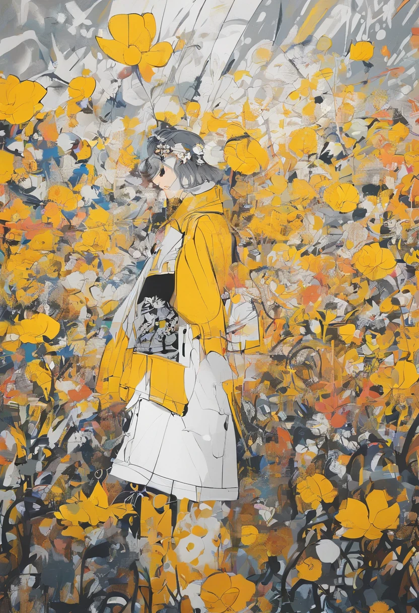 Blooming flowers flutter in the wind,Girl in flowers,Light yellow and silver design,Pay attention to the texture of the skin and flowers,Sony FE 12-24mm F/2.8 gm,Impressionist garden,Proficient in calligraphy,eco-friendly craftsmanship,Brush stroke exploration