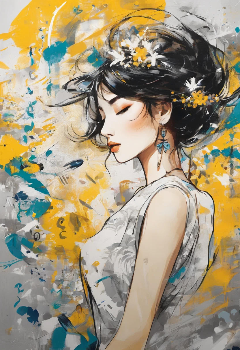 Blooming flowers flutter in the wind,Girl in flowers,Light yellow and silver design,Pay attention to the texture of the skin and flowers,Sony FE 12-24mm F/2.8 gm,Impressionist garden,Proficient in calligraphy,eco-friendly craftsmanship,Brush stroke exploration