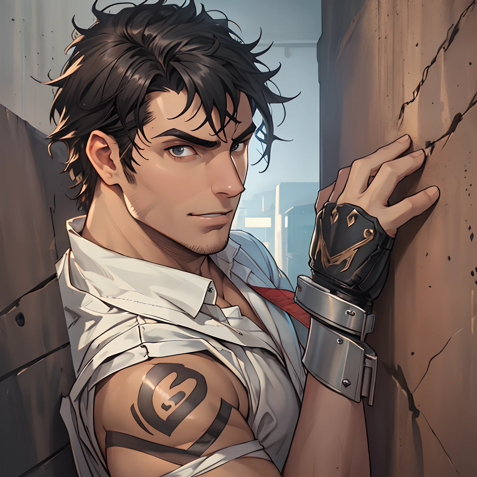Male focus,muscle men,Short black hair,Less stubble,Handsome,Detailed face,((((through wall, stationary restraints,Ass focus,srestrained, Stuck,Photo)))),Put on a suit,wearing a tie,Admire the masterpieces,8K,Depth of field,Bokeh,Detailed,homoerotic,(homoerotic),High details,Sharp focus,iintricate,fantasy,Cinematic lighting,Cinematic,Masterpiece,Mattire,Photorealistic,8K,voluminetric lighting,Dramatic