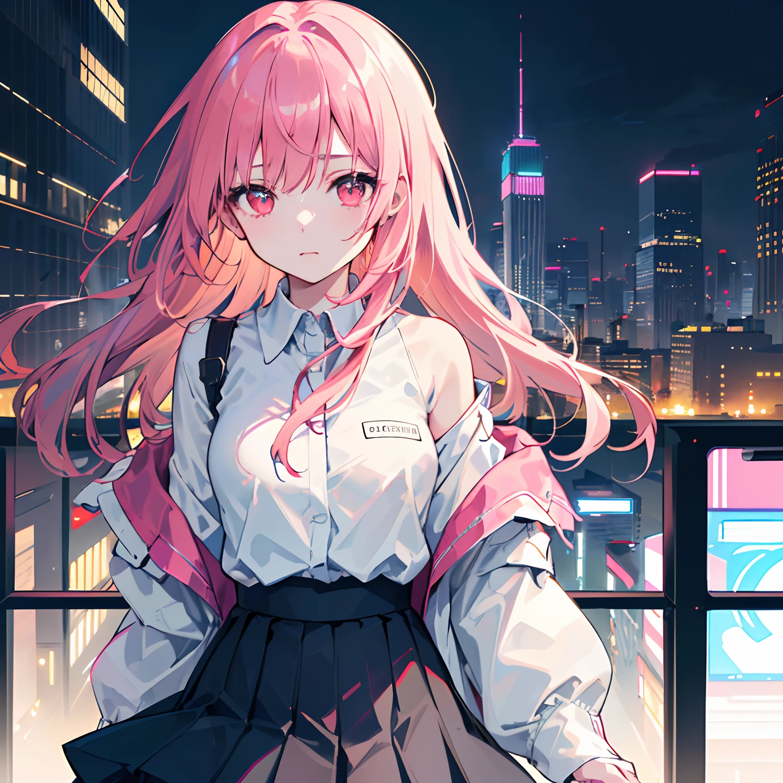 1girl, solo, li, pee, (very_long_hair), (pink_hair:1.2), braids, (red_eyes), medium_breasts, (white_shirt:1.5), (windbreaker), (off_shoulder:1.2), (portrait), glowing_eyes, background_light, (cityscape:1.5), (pleated skirt, )(neon_lights:1.2), (science), cyberpunk, ((masterpiece)), (highres), (best_quality), (highly_detailed), (original),(Delicate background),(extremely detailed 8K wallpaper),cinematic lighting, volume lighting, light particles, shaded_face, beautiful_detailed_eyes, depth_of_field, perspective,