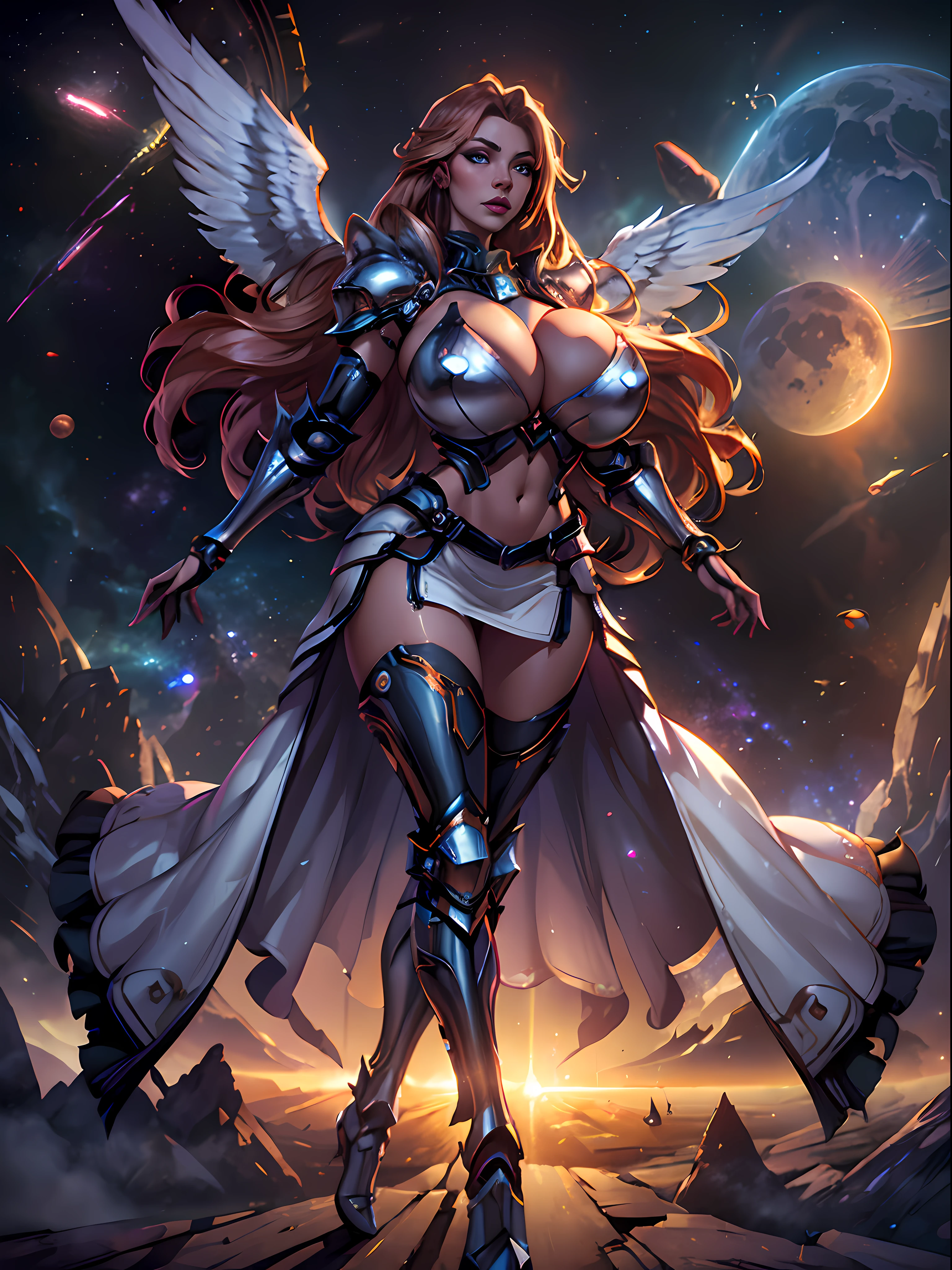 (masterpiece, top quality, best quality, official art, beautiful and aesthetic:1.2), (1girl:1.3), extremely long curly golden hair, extremely detailed, portrait, looking at viewer, solo, (full body:0.6), detailed background, close up, (cool science fiction space theme:1.1), extremely busty valkyrie, charlatan, mysterious, shooting lasers in space, cybernetic angel, huge feathered wings, chrome boob armor, dark purple streamers and skirts and sleeves and knee wrappings, cybernetic implants, mechanical hand, laser cannon, arm cannon, revealing chrome armor, bare midriff, glowing laser energy, halo, intricate armor, ornate chrome armor, sheer white fabric, elegant purple fabric, skirts, streamers, cowl, boots, bracers, ((((gigantic breasts))), slim waist, slim hips, long legs, athletic, SPACE, futuristic moon, (space exterior:1.1) background, dark mysterious lighting, shadows, magical atmosphere, dutch angle
