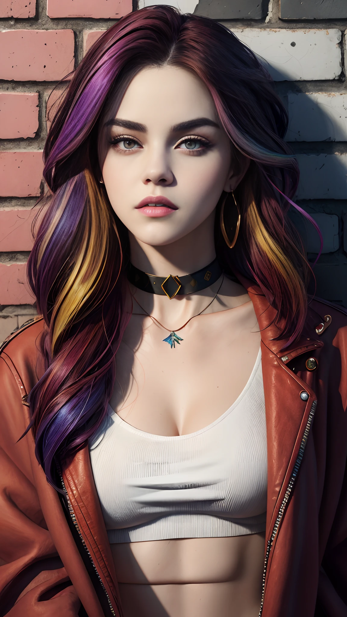 (masterpiece, best quality, 1girl (((selena Gomez:Emma Watson:0.7))), solo, intricate details, chromatic aberration), realistic, ((medium breath)),long hair, rainbow hair, red head ornament, colorful highlights, hair over one eye, detailed eyes, earrings, sharp eyes, choker, neon shirt, open jacket, crop top, (symmetry eyes),(perfect symmetrical body),against wall, brick wall, graffiti, dim lighting, alley, look at viewer, attractive style,