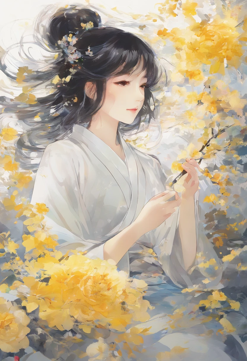 Blooming flowers flutter in the wind，Girl in flowers，Light yellow and silver design，Pay attention to the texture of the skin and flowers，Sony FE 12-24mm F/2.8 gm，Impressionist garden，Proficient in calligraphy，eco-friendly craftsmanship，Brush stroke exploration