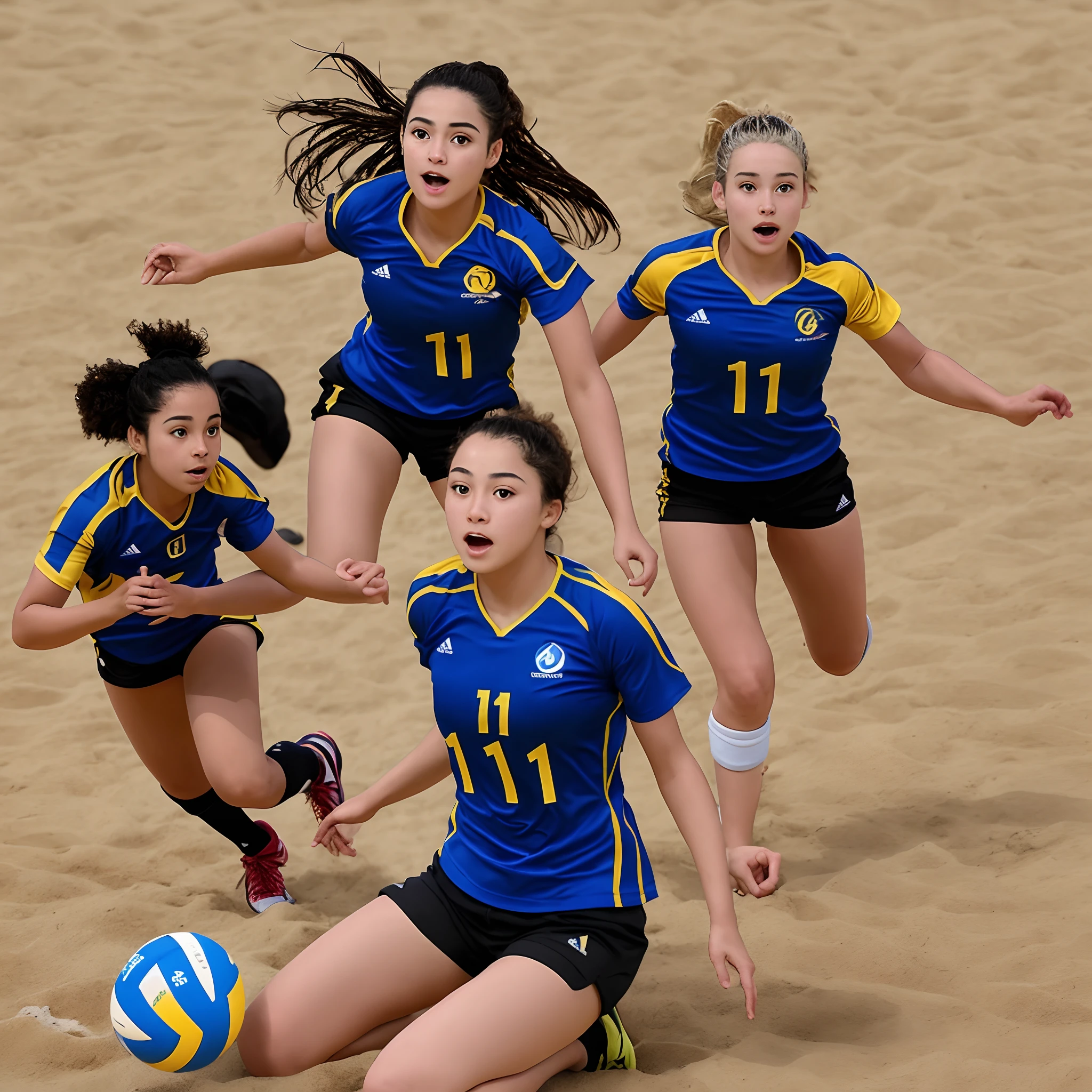 Menina, alta, morena, cabelo cacheado castanho, olhos castanhos, jogadora voleibol, Blue Jersey No. 11, Black shorts, joelheiras, bola azul e amarela, campo de voleibol, pequenos brincos