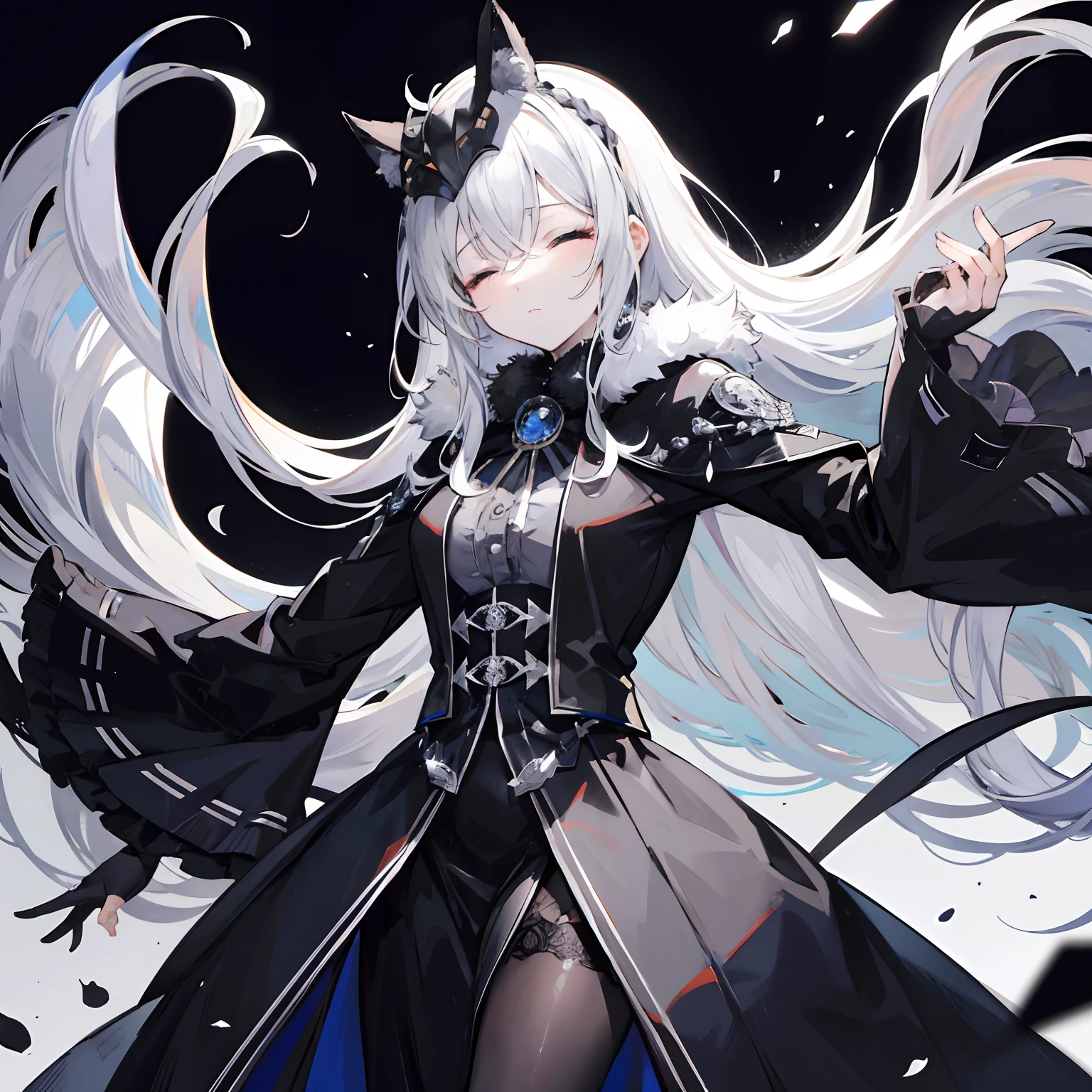 anime girl,slim,wearing royal uniform,a regal fur cape,black and white motif,wearing a barret, closed eyes, silver hair, braided