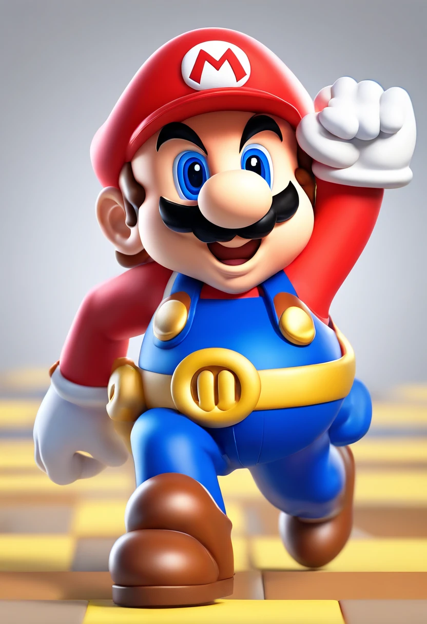 (Mario), character design, Nintendo Super Mario, (blue eyes, red hat, red suit, blue suspenders, white gloves, )super cute blind box style, chibi, full body, exaggerated expressions and actions, clean background, bright iridescent highlights, studio lighting, atmospheric lighting, with exquisite texture, high detail, high resolution, c4d, 3D, Blender, 8k, best quality, ultra high definition