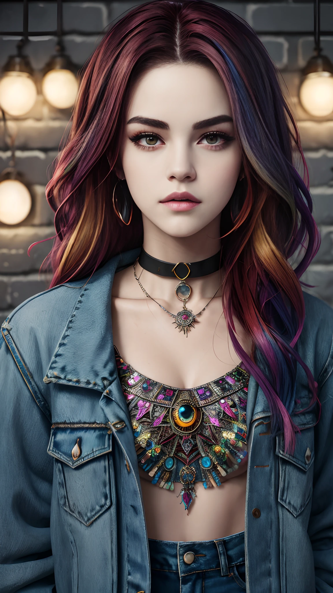 (masterpiece, best quality, 1girl (((selena Gomez:Emma Watson:0.7))), solo, intricate details, chromatic aberration), realistic, ((medium breath)),long hair, rainbow hair, red head ornament, colorful highlights, hair over one eye, detailed eyes, earrings, sharp eyes, choker, neon shirt, open jacket, crop top, (symmetry eyes),(perfect symmetrical body),against wall, brick wall, graffiti, dim lighting, alley, look at viewer, attractive style,