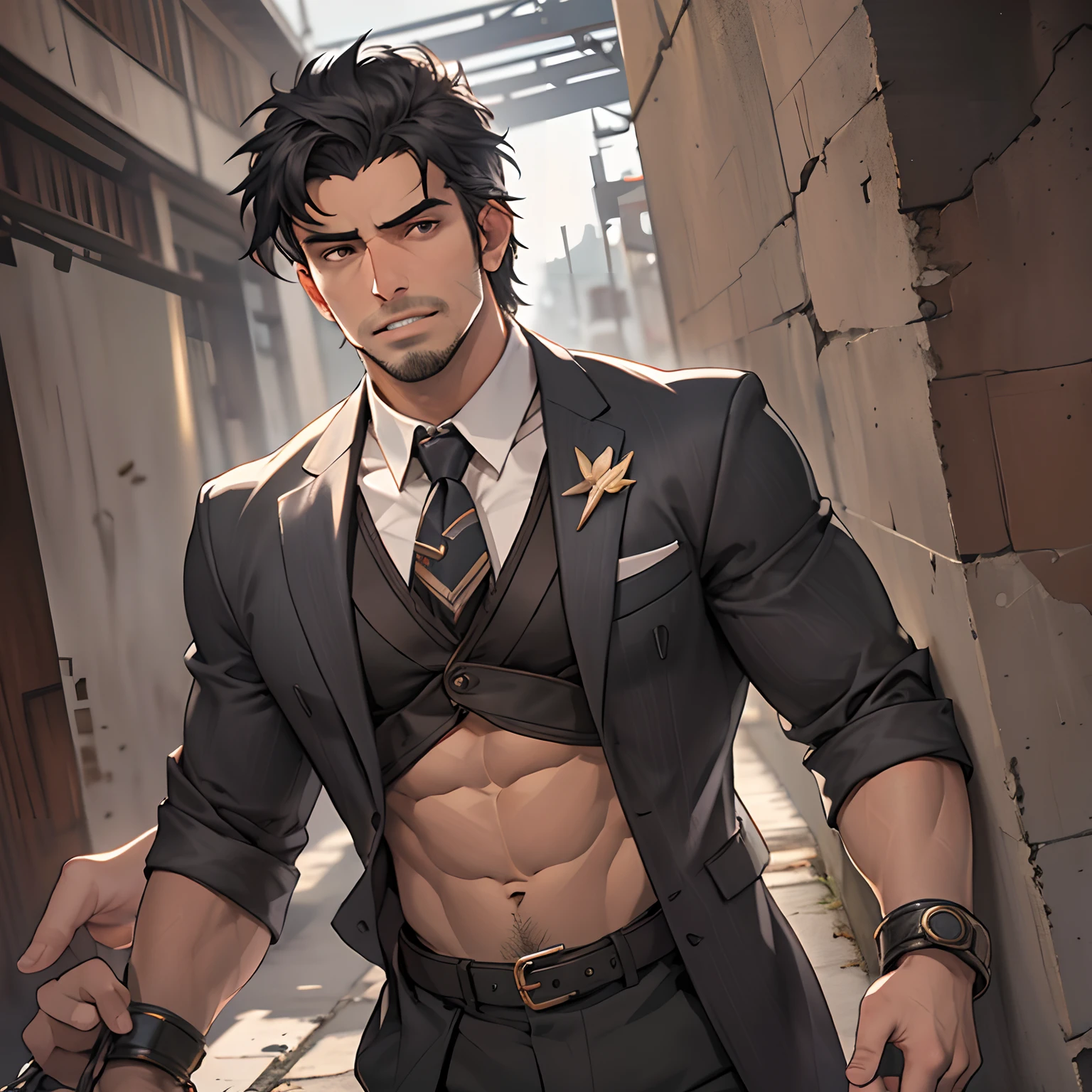 Male focus,Muscle men,Short black hair,Less stubble,Handsome,Detailed face,((((through wall, stationary restraints,Ass focus,srestrained, Stuck,Photo)))),Put on a suit,wearing a tie,Admire the masterpieces,8K,Depth of field,Bokeh,Detailed,homoerotic,(homoerotic),High details,Sharp focus,iintricate,fantasy,Cinematic lighting,Cinematic,Masterpiece,Mattire,Photorealistic,8K,voluminetric lighting,Dramatic