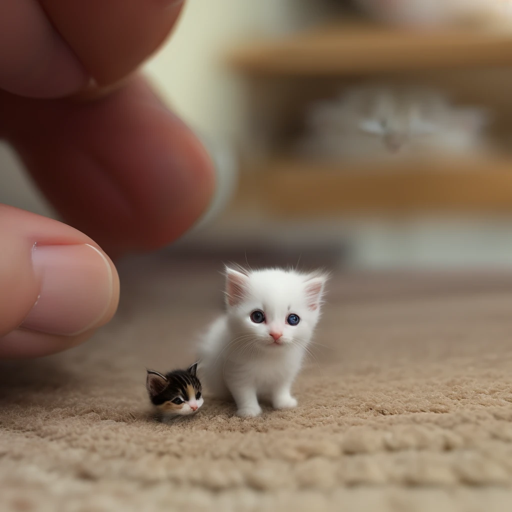 Someone holds a small kitten and a small kitten on a rug, gatito miniatura, animal en miniatura, Close-up of thumbnail photography, Miniature photography, Foto altamente realista, micro detallado, Hermosa miniatura detallada, microscopic cat, nariz linda y diminuta, cutest, small animals, lindas ilustraciones detalladas, linda criatura, highly realistic photography, lindas ilustraciones, lindo y adorable, adorable!!!