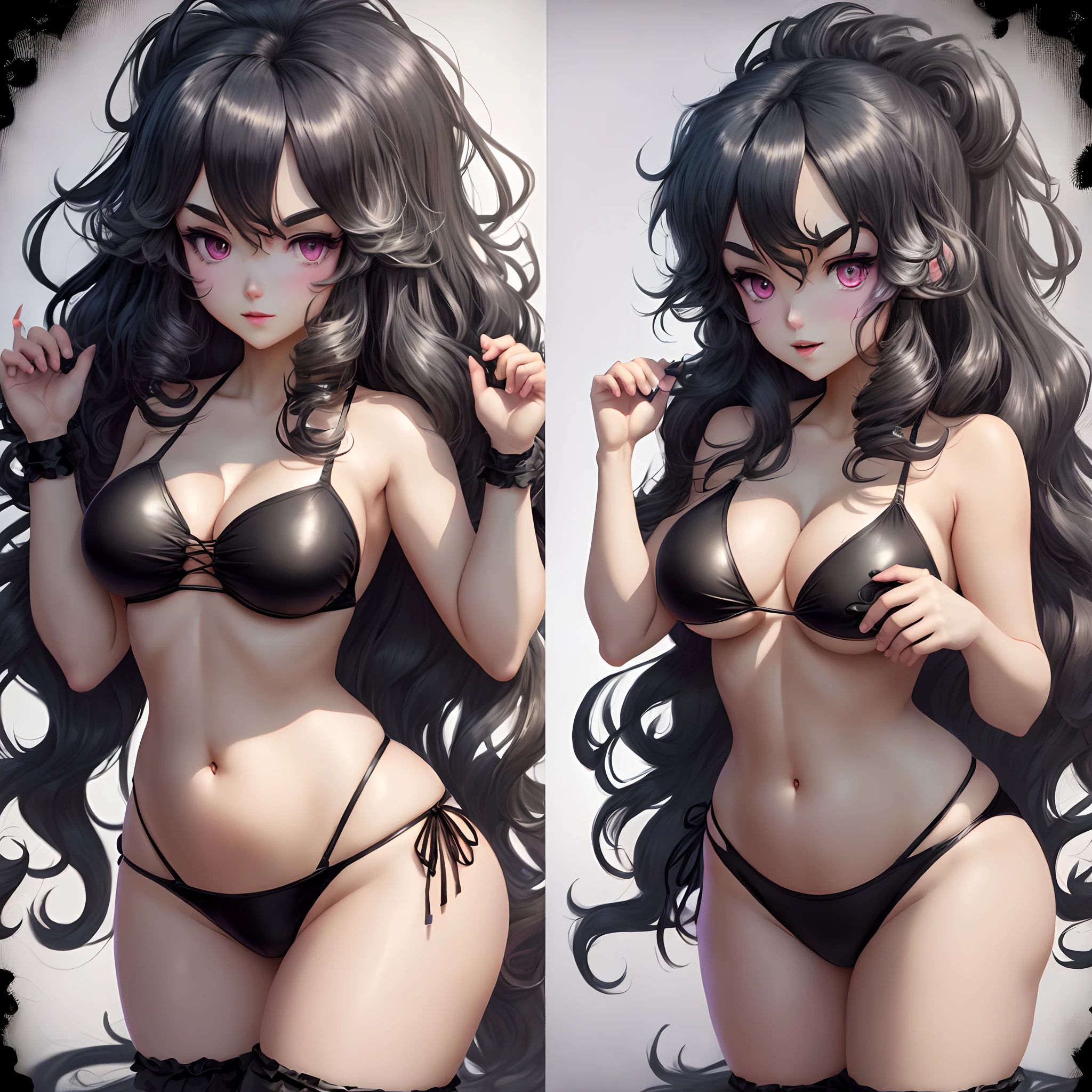 Hex Maniac from pokemon (black messy unkempt hair, super hips, motherly aura), anime art style, bikini
