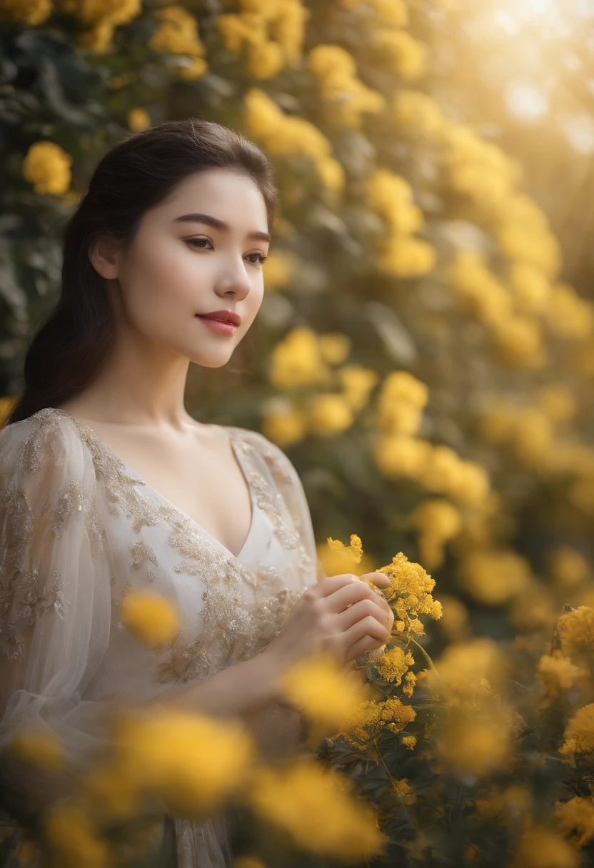 Blooming flowers flutter in the wind，Girl in flowers，Light yellow and silver design，Pay attention to the texture of the skin and flowers，Sony FE 12-24mm F/2.8 gm，Impressionist garden，Proficient in calligraphy，eco-friendly craftsmanship，Brush stroke exploration