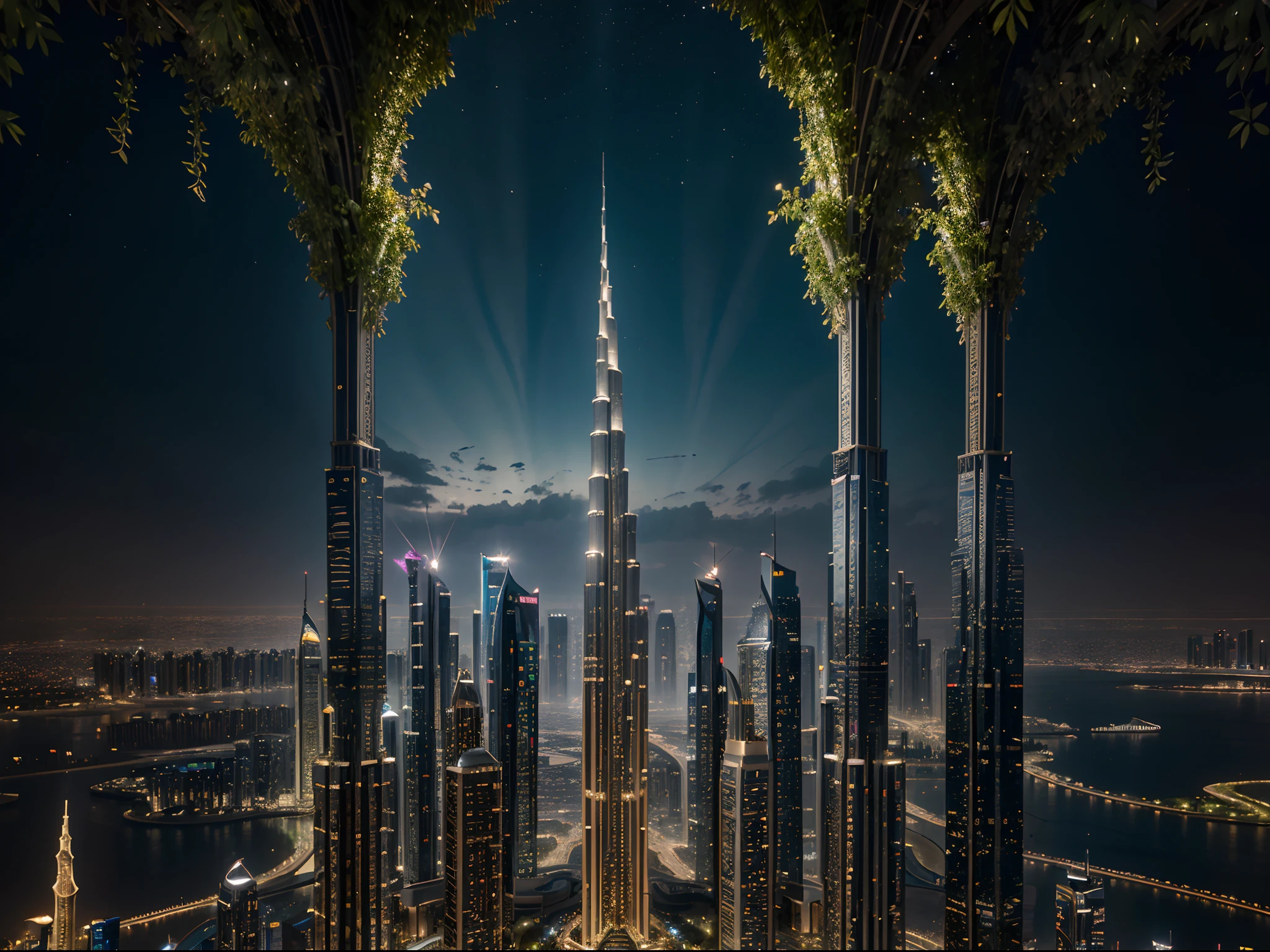 Generate a hyperrealistic cityscape that blends the architectural wonders of Dubai with the whimsical essence of a fairytale. Imagine a utopian metropolis where skyscrapers are adorned with intricate vines and luminescent flowers, casting an otherworldly glow against the night sky.