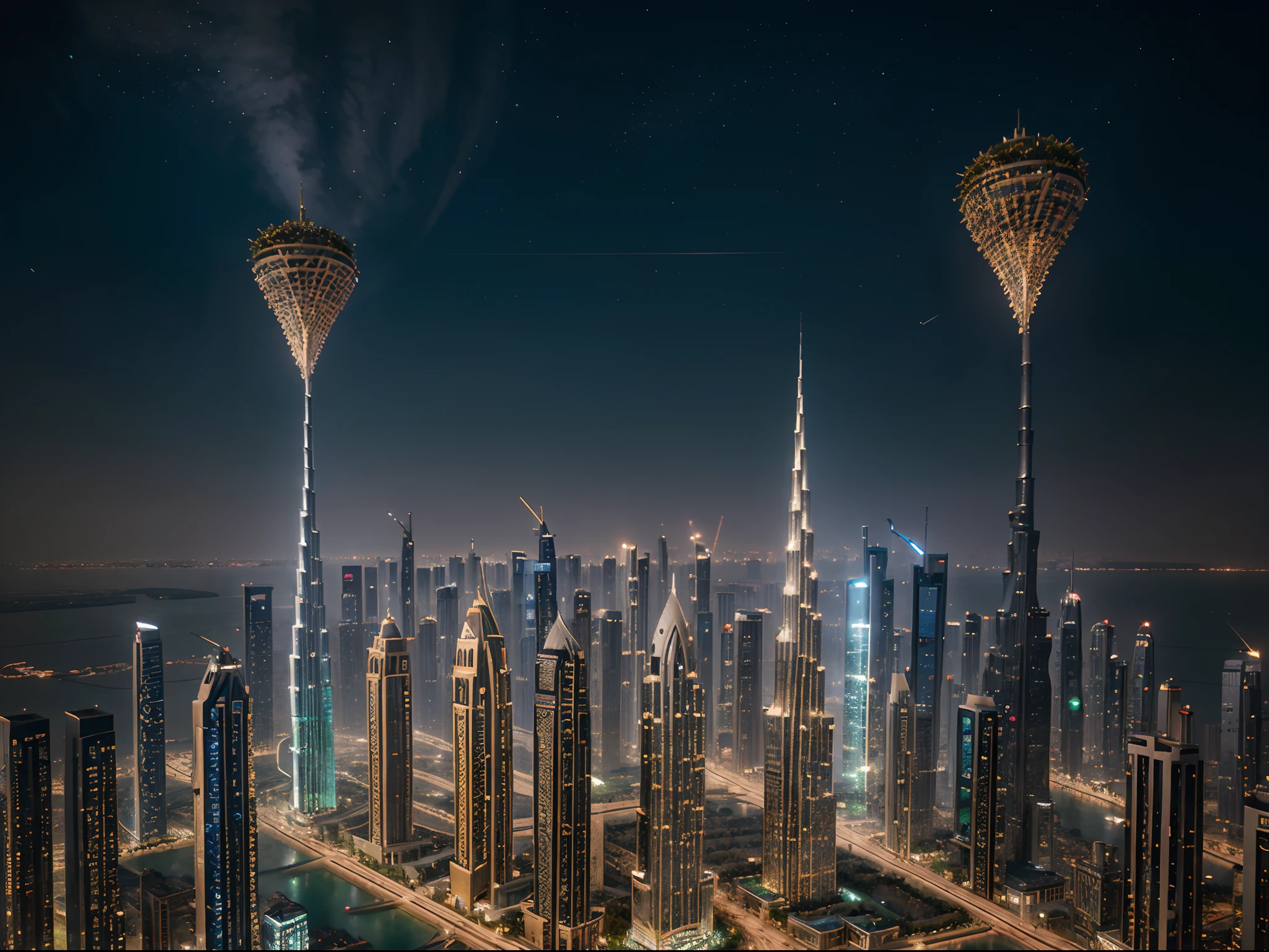 Generate a hyperrealistic cityscape that blends the architectural wonders of Dubai with the whimsical essence of a fairytale. Imagine a utopian metropolis where skyscrapers are adorned with intricate vines and luminescent flowers, casting an otherworldly glow against the night sky.