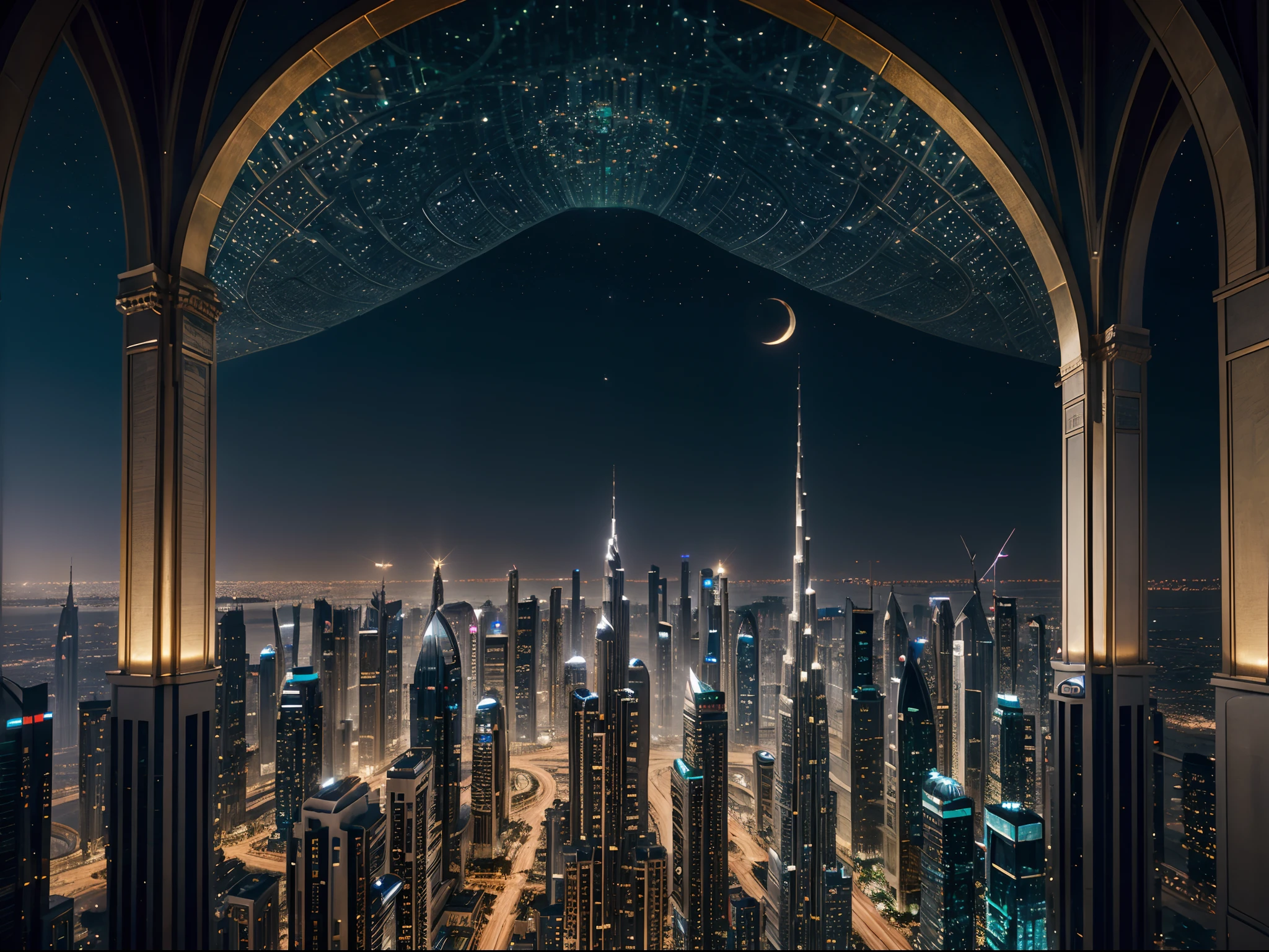 Generate a hyperrealistic cityscape that blends the architectural wonders of Dubai with the whimsical essence of a fairytale. Imagine a utopian metropolis where skyscrapers are adorned with intricate vines and luminescent flowers, casting an otherworldly glow against the night sky.
