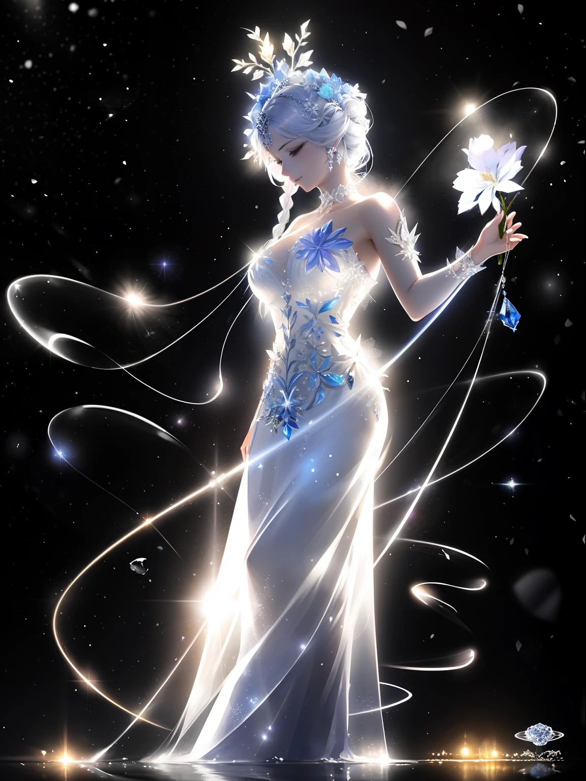Close-up of a woman in a dress holding a flower, Goddess of Light, goddess of space and time, digital art of an elegant, goddess of galaxies, with frozen flowers around her,glowing with silver light